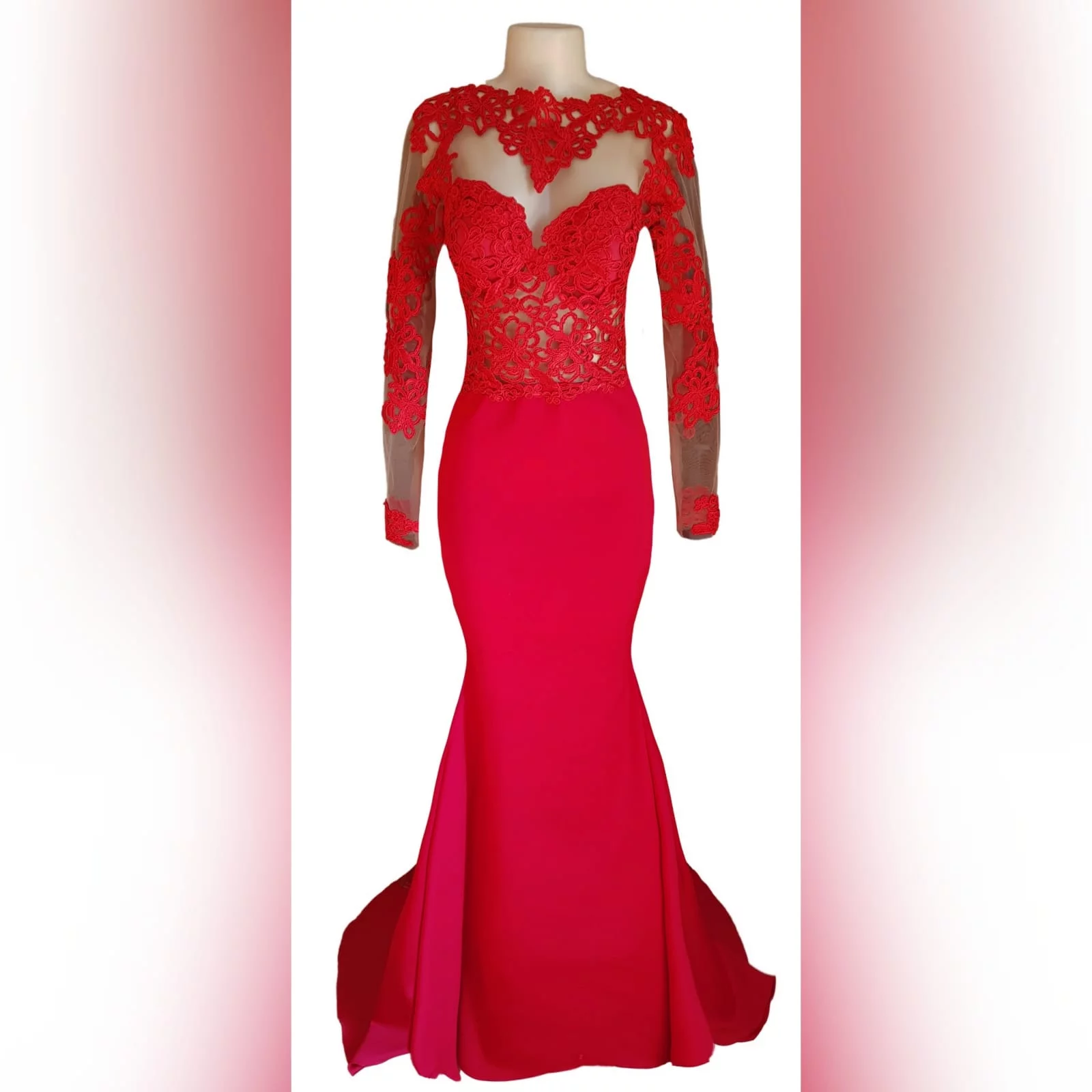 Red lace illusion bodice, long matric dance dress 5 red lace illusion bodice, long matric dance dress with illusion lace sleeves