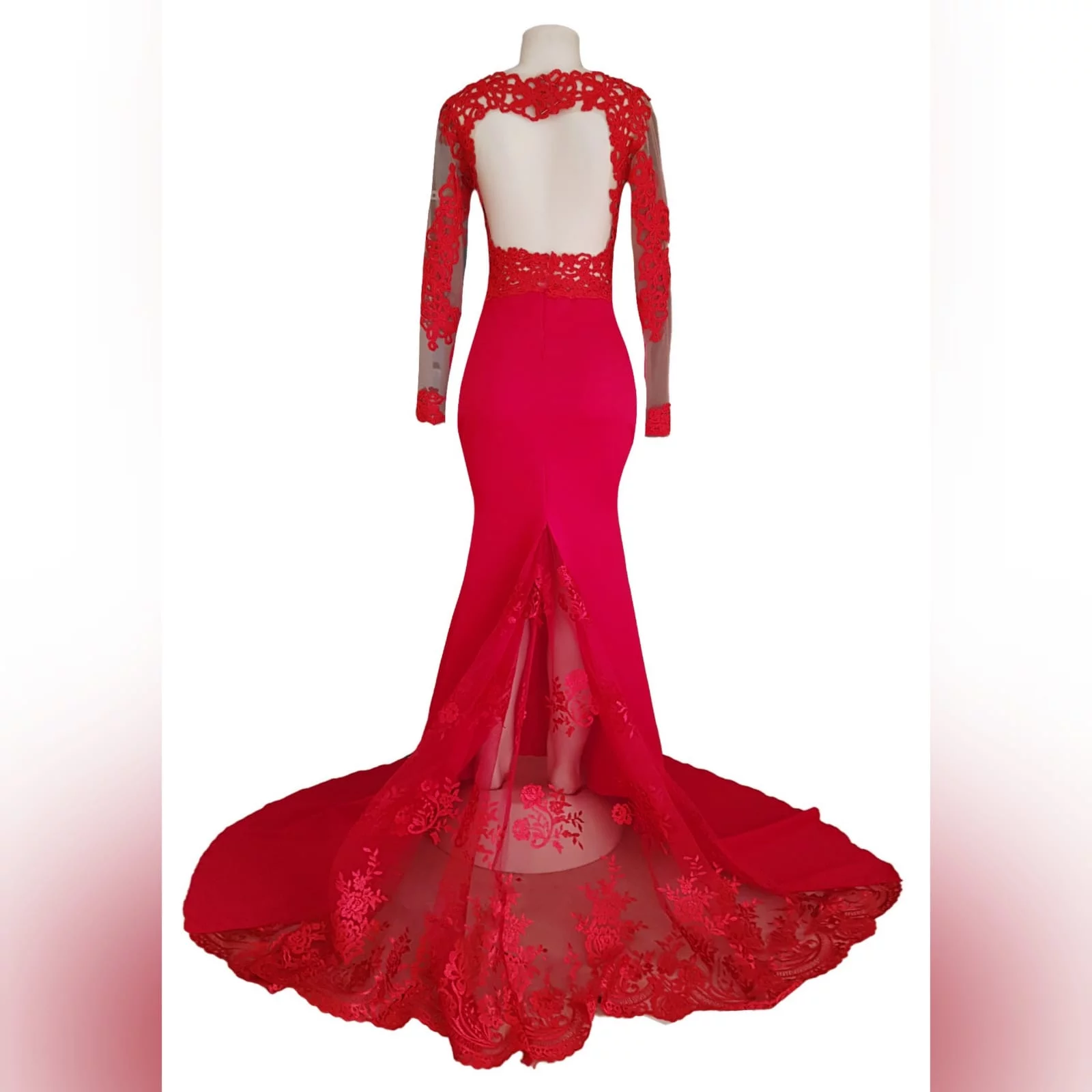 Red lace illusion bodice, long matric dance dress 4 red lace illusion bodice, long matric dance dress with illusion lace sleeves