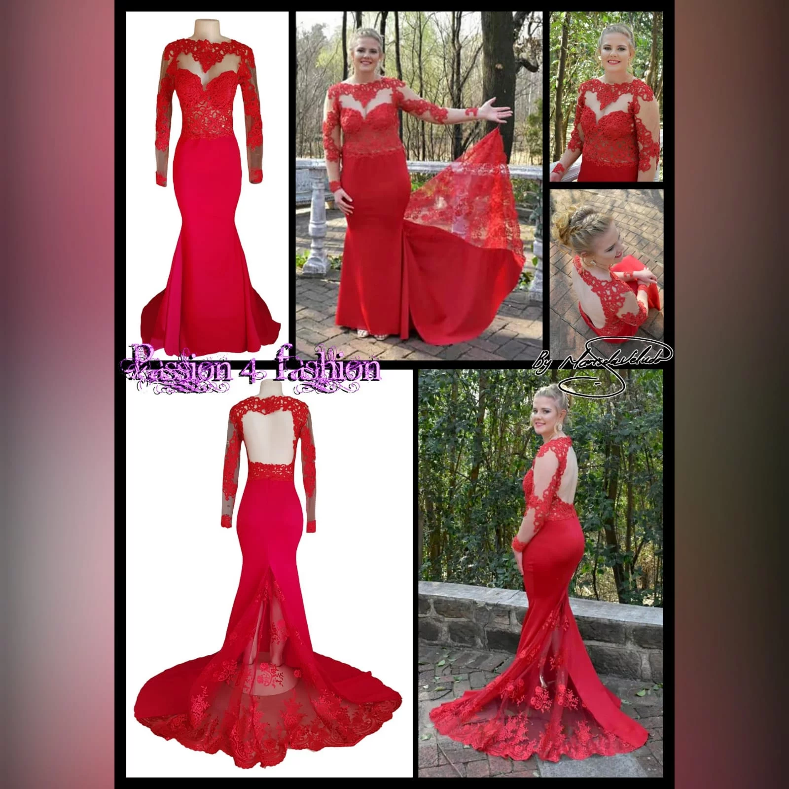 Red lace illusion bodice, long matric dance dress 8 red lace illusion bodice, long matric dance dress with illusion lace sleeves