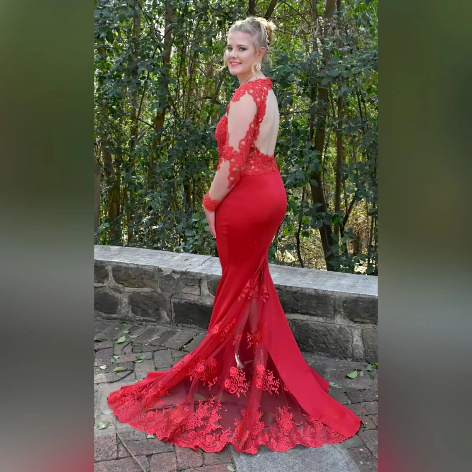 Red lace illusion bodice, long matric dance dress 7 red lace illusion bodice, long matric dance dress with illusion lace sleeves