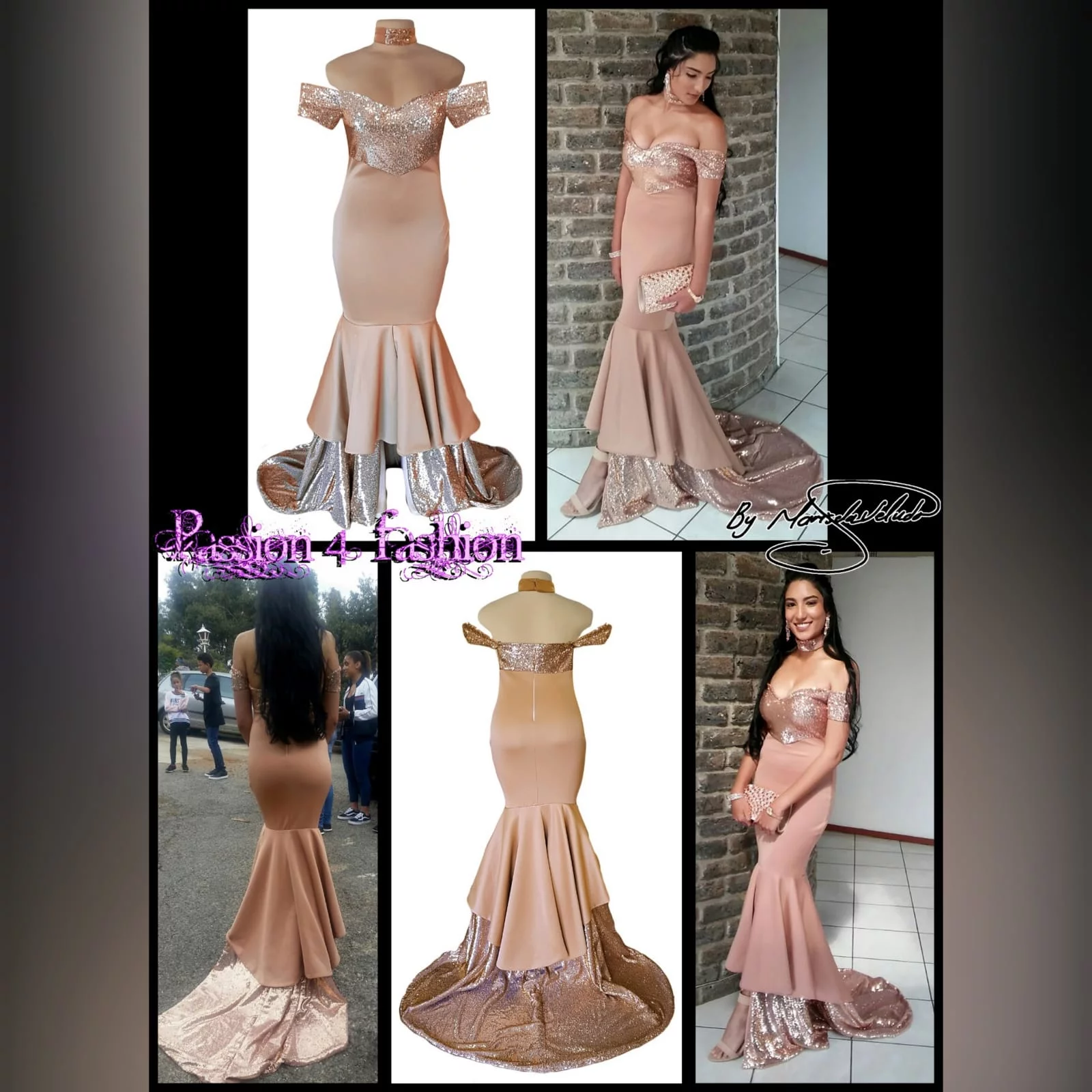 Rose gold 2 tone mermaid matric farewell dress 2 rose gold 2 tone mermaid matric farewell dress, off-shoulder dress with a sweetheart neckline and off-shoulder short sleeves. Double layer from knee down, with sequins, creating a train with a slit int the front middle. Comes with a matching choker.