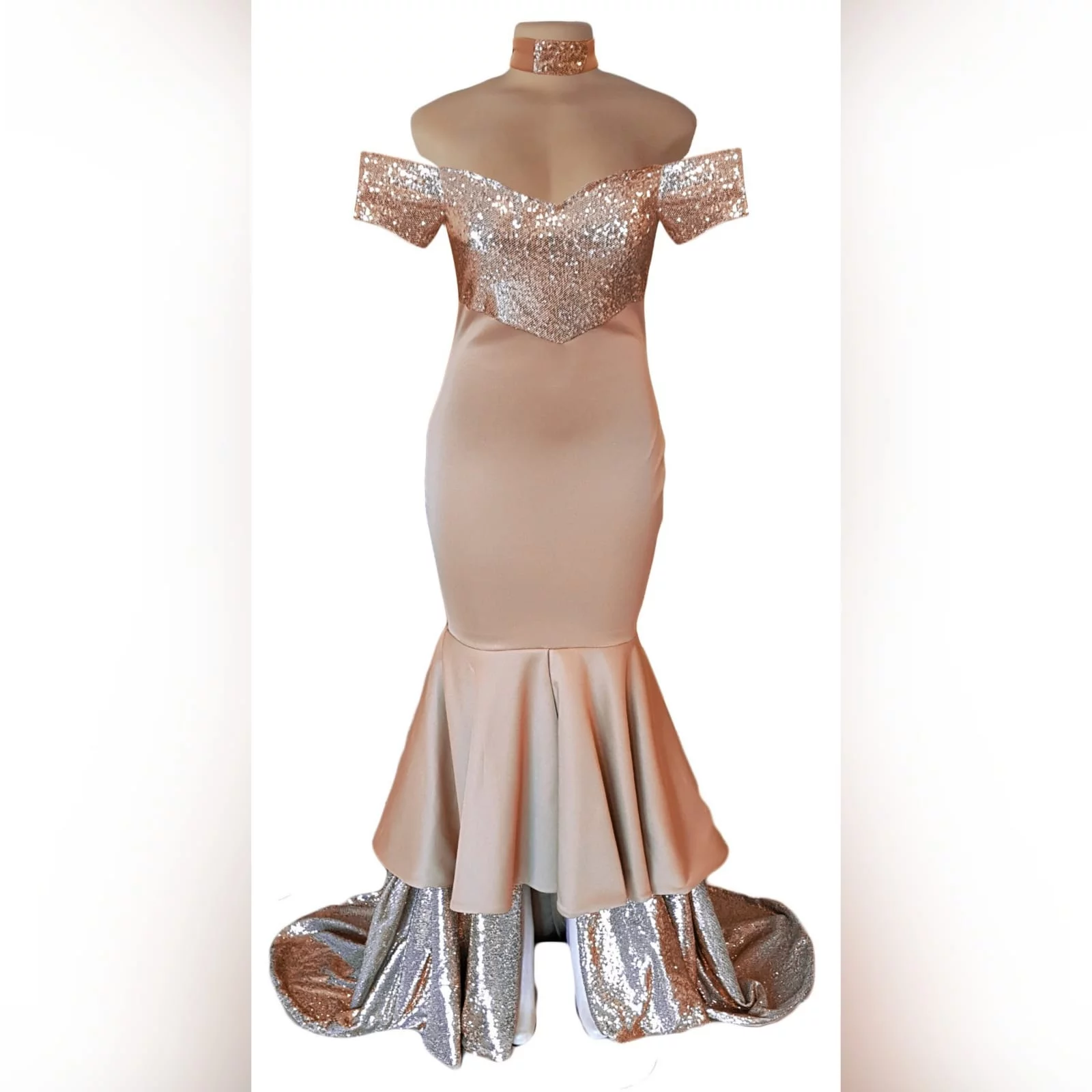 Rose gold 2 tone mermaid prom dress 7 rose gold 2 tone mermaid prom dress, off-shoulder dress with a sweetheart neckline and off-shoulder short sleeves. Double layer from knee down, with sequins, creating a train with a slit int the front middle. Comes with a matching choker.