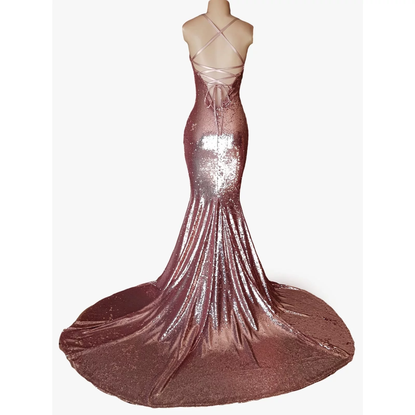 Rose gold fully sequined soft mermaid evening dress 2 rose gold fully sequined soft mermaid evening dress with a low open back, with lace-up detail.