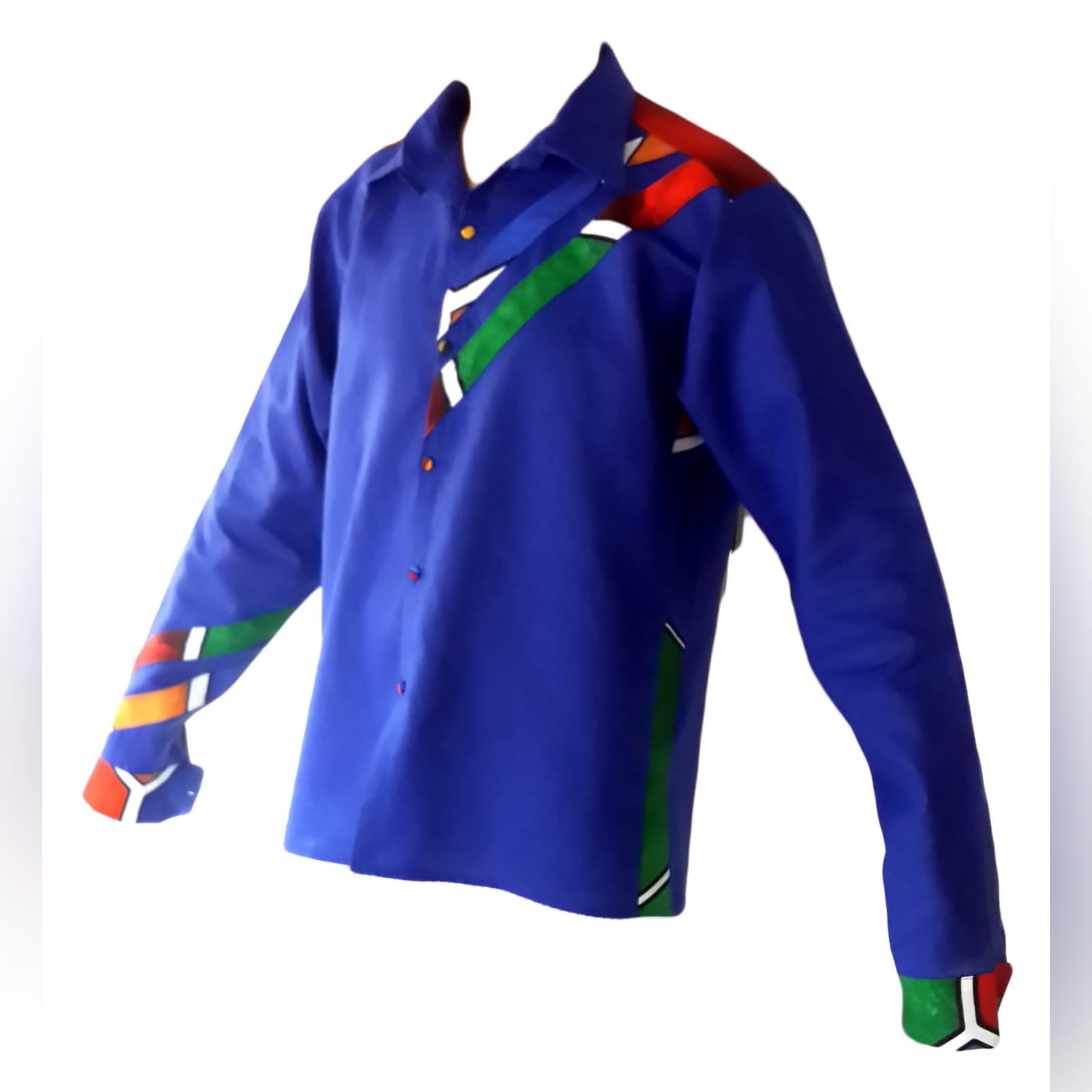 Royal blue ndebele dress and matching ndebele shirt 3 royal blue and ndebele empire fit dress. Bodice with ndebele print and 3/4 sleeves and an under bust belt. Mens matching ndebele shirt in royal blue. Traditional wedding attire.