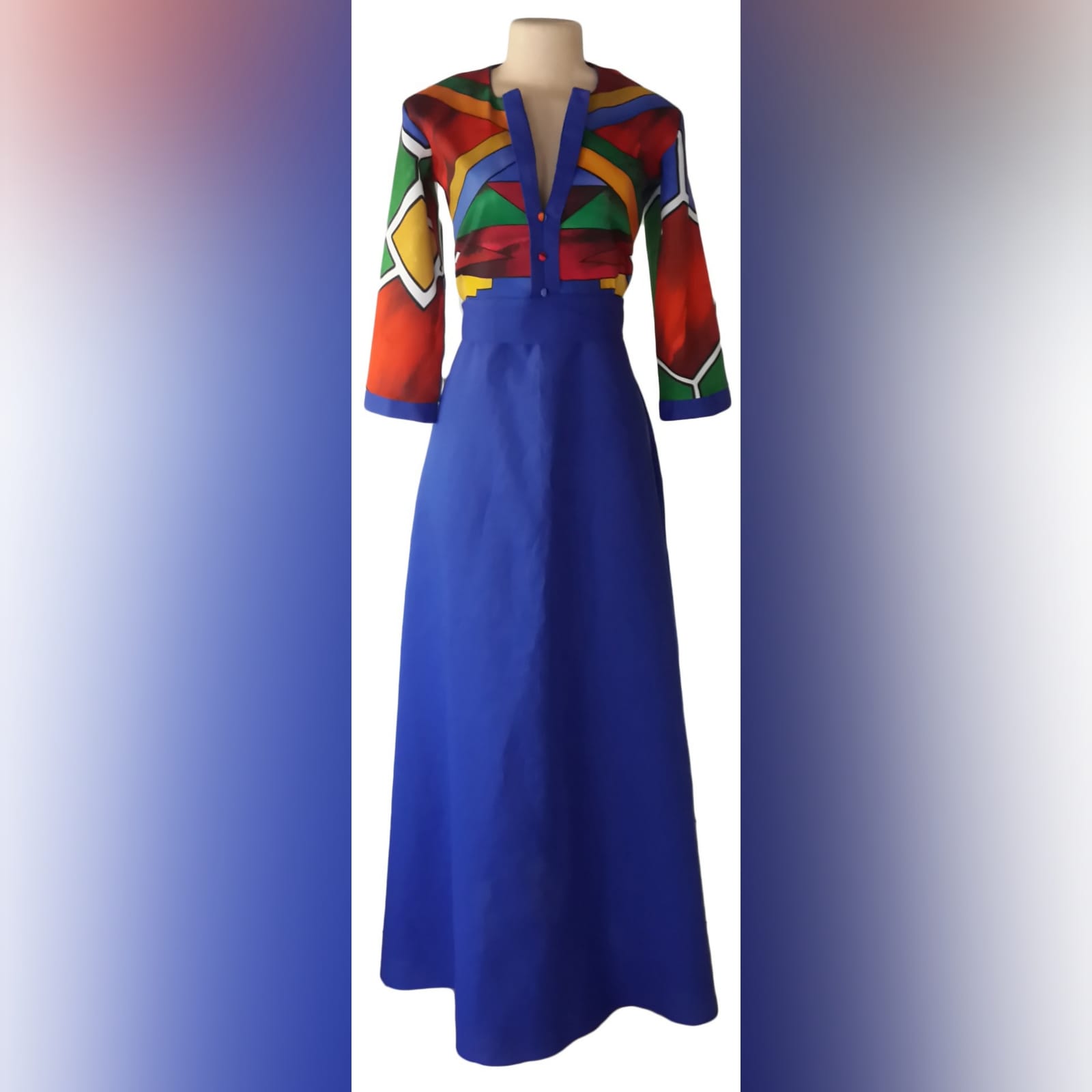 Royal blue ndebele dress and matching ndebele shirt 5 royal blue and ndebele empire fit dress. Bodice with ndebele print and 3/4 sleeves and an under bust belt. Mens matching ndebele shirt in royal blue. Traditional wedding attire.