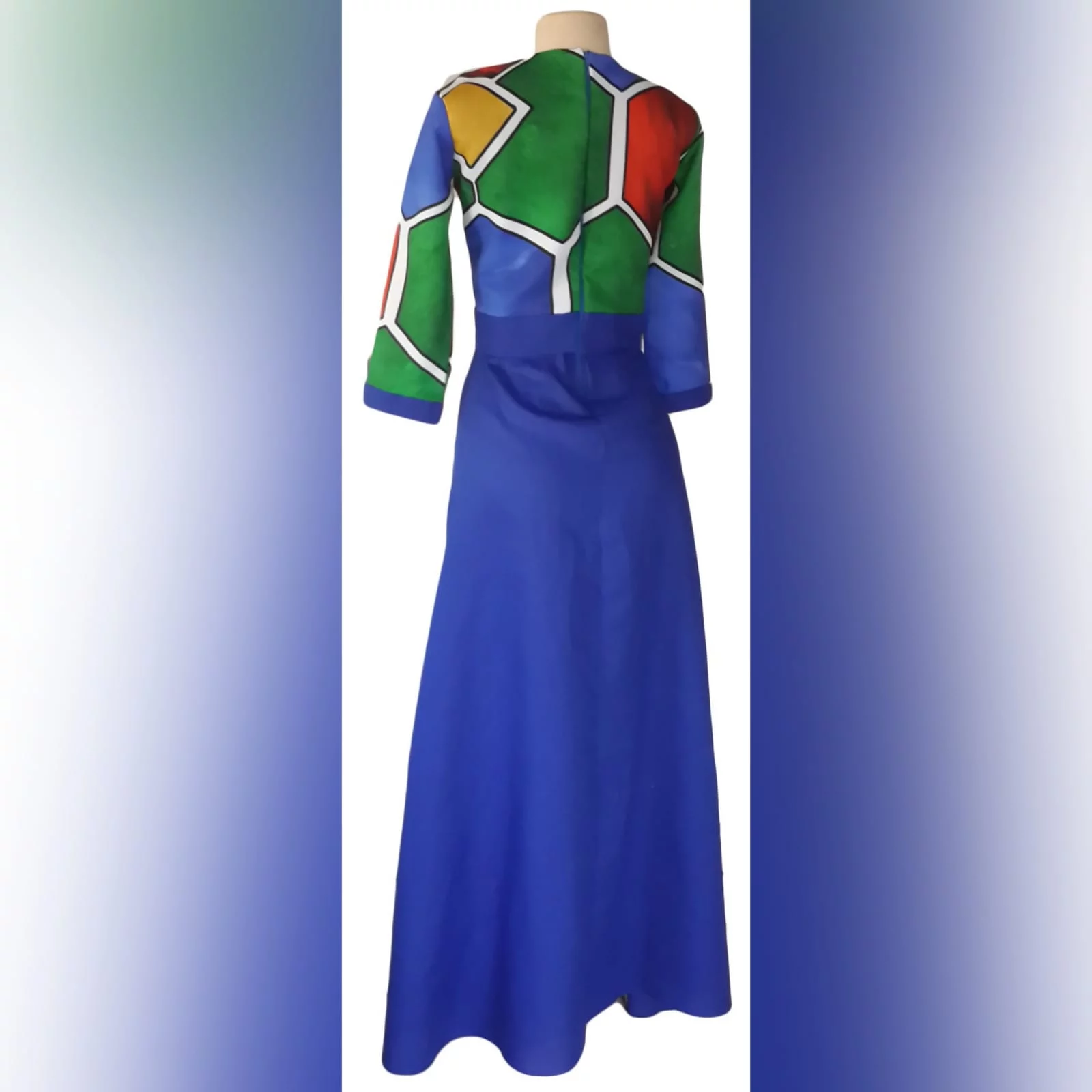 Royal blue ndebele dress and matching ndebele shirt 6 royal blue and ndebele empire fit dress. Bodice with ndebele print and 3/4 sleeves and an under bust belt. Mens matching ndebele shirt in royal blue. Traditional wedding attire.