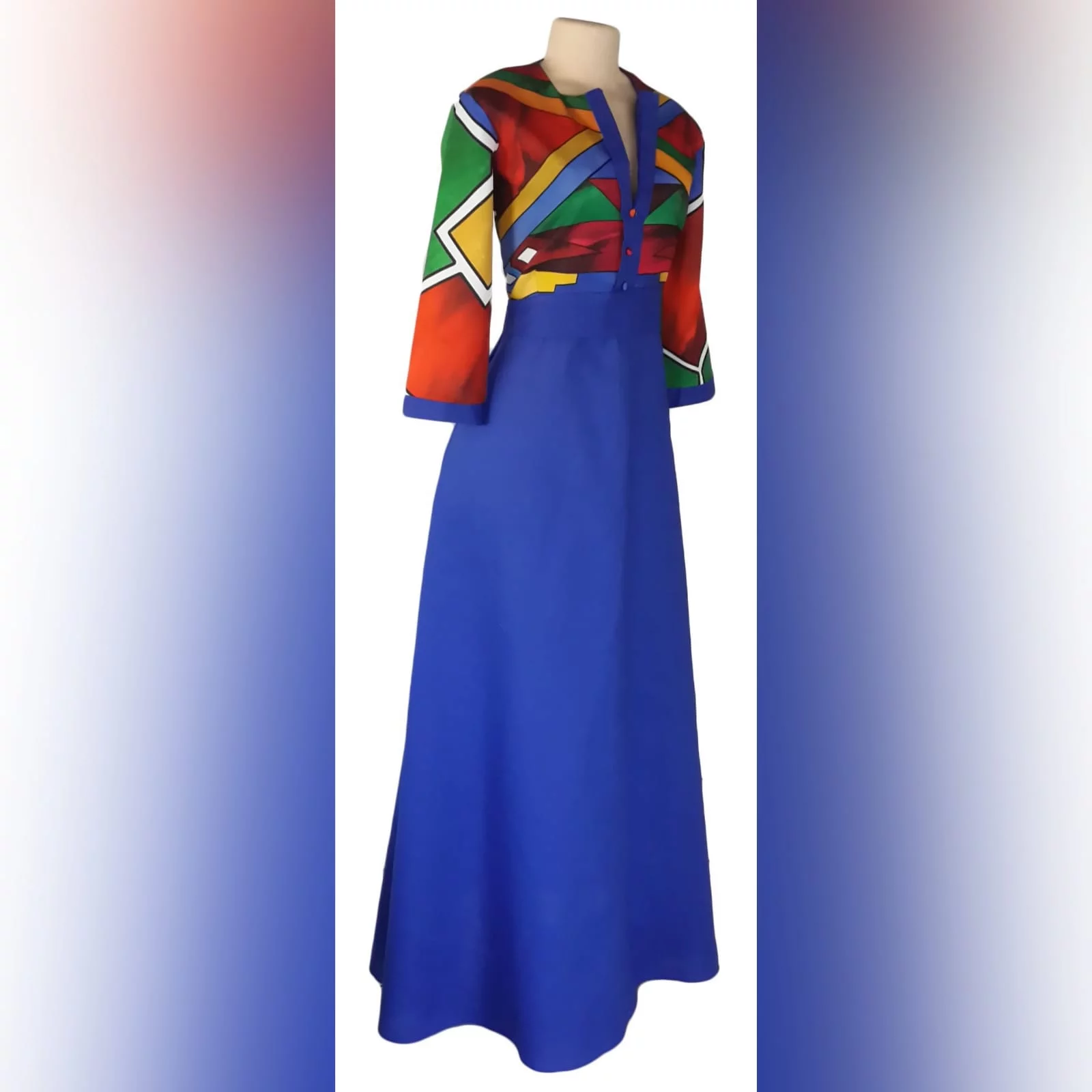 Royal blue ndebele dress and matching ndebele shirt 7 royal blue and ndebele empire fit dress. Bodice with ndebele print and 3/4 sleeves and an under bust belt. Mens matching ndebele shirt in royal blue. Traditional wedding attire.