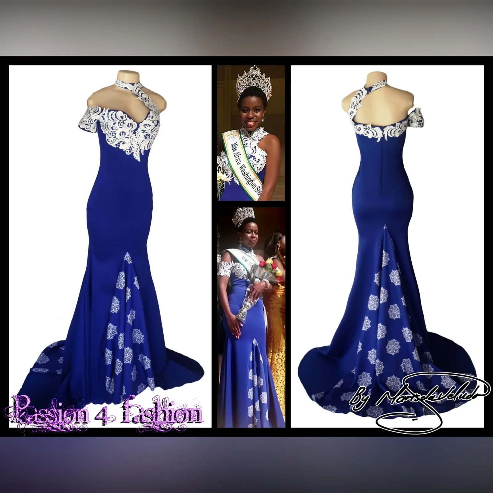 Royal blue and white pageant dress 4 royal blue and white soft mermaid pageant evening dress, with a choker neckline, with one off shoulder short sleeve. Dress has a front and back panel with a print. Dress has a train