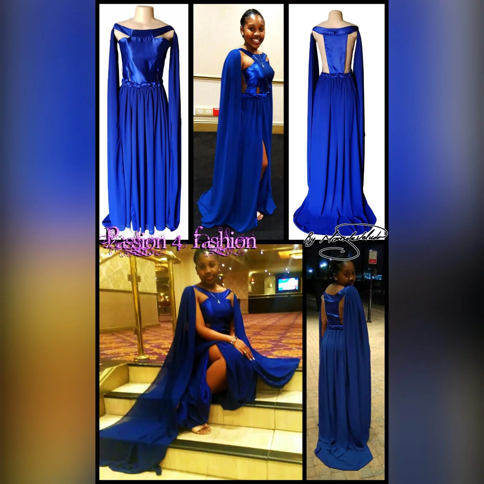 Royal blue flowy long matric dance dress 4 royal blue flowy long matric dance dress with a slit and a train. With 2 shoulder flowy chiffon detail. With a plaited belt and an illusion back.