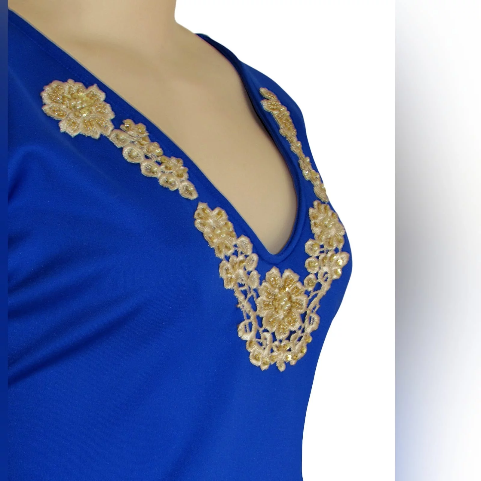 Royal blue & gold peplum smart casual top 3 royal blue & gold peplum smart casual top, long sleeves, v neckline & cuffs detailed with gold beaded lace