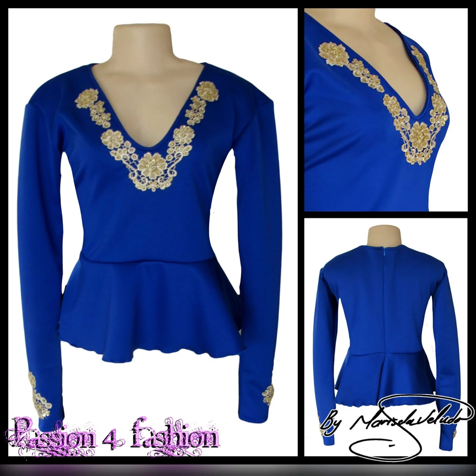 Royal blue & gold peplum smart casual top 2 royal blue & gold peplum smart casual top, long sleeves, v neckline & cuffs detailed with gold beaded lace
