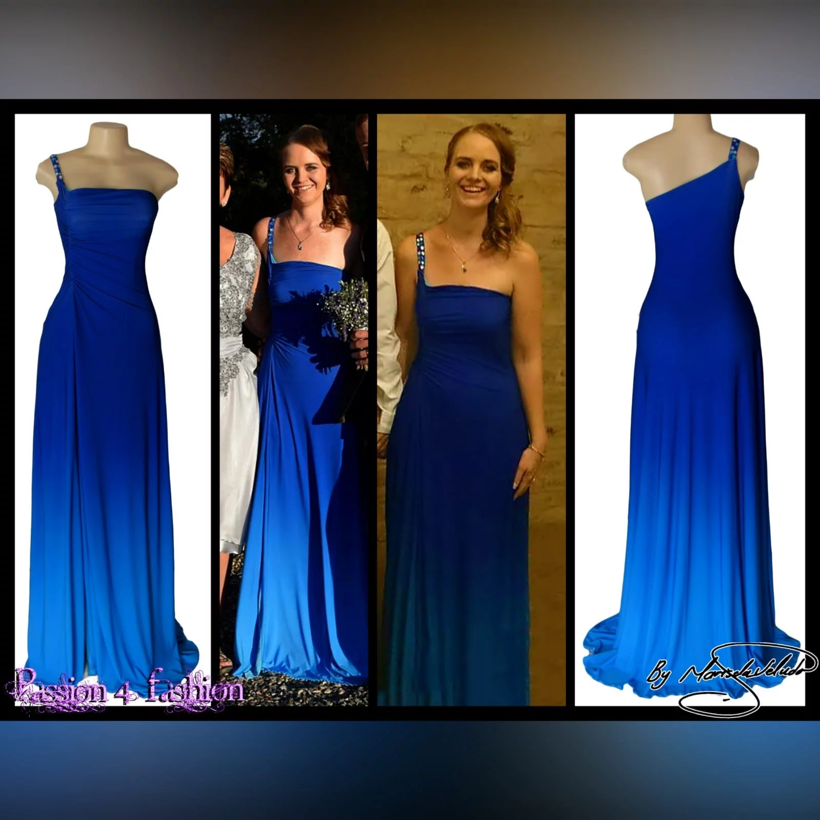 Blue ombre maid of honour dress 5 blue ombre maid of honour dress with a single beaded/bling shoulder design.