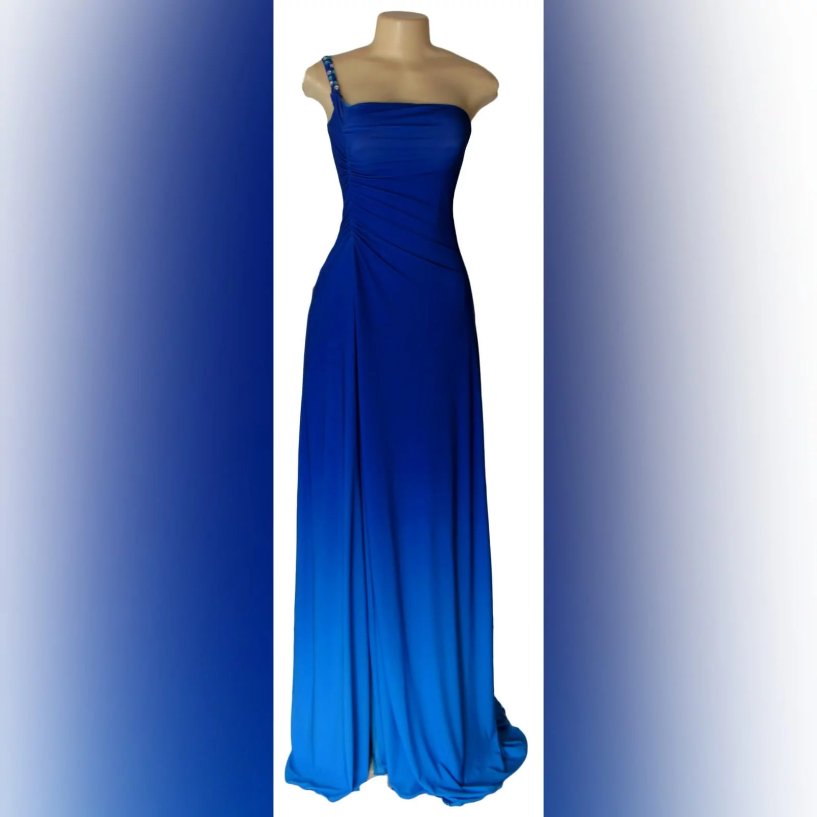 Blue ombre maid of honour dress 3 blue ombre maid of honour dress with a single beaded/bling shoulder design.