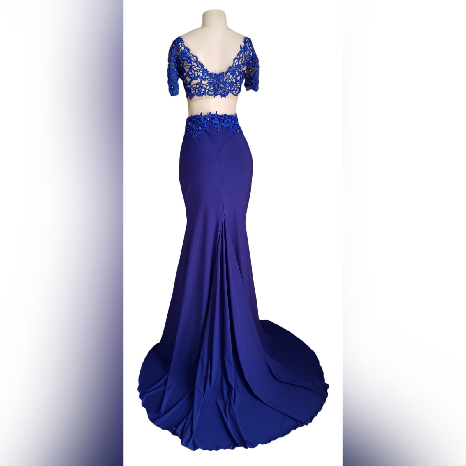 Royal blue shimmer long prom dress 8 royal blue shimmer long prom dress with a lace illusion bodice, side tummy & back opening with a sweetheart neckline. Slit and a train. Lace detailed with gold beads.