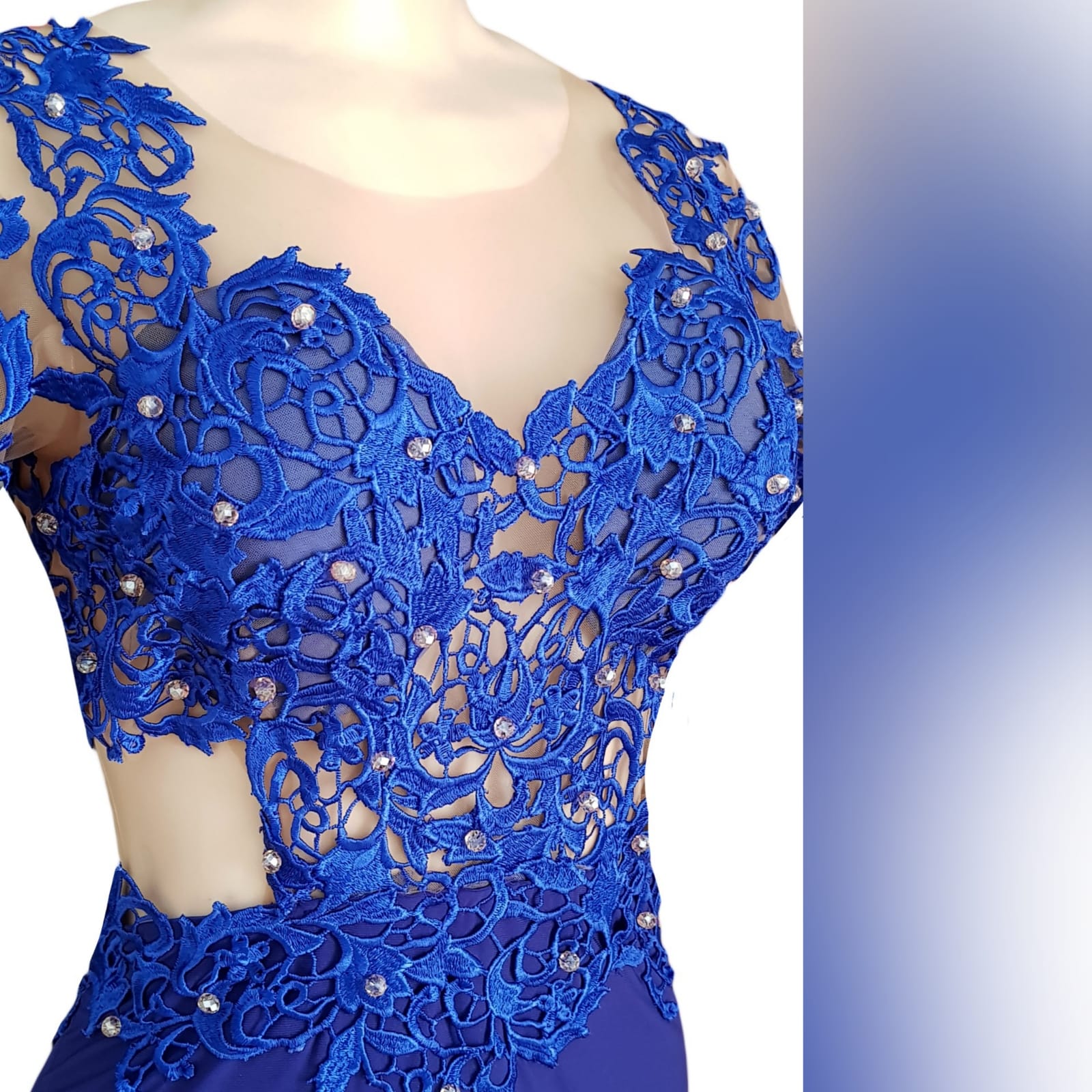 Royal blue shimmer long prom dress 3 royal blue shimmer long prom dress with a lace illusion bodice, side tummy & back opening with a sweetheart neckline. Slit and a train. Lace detailed with gold beads.