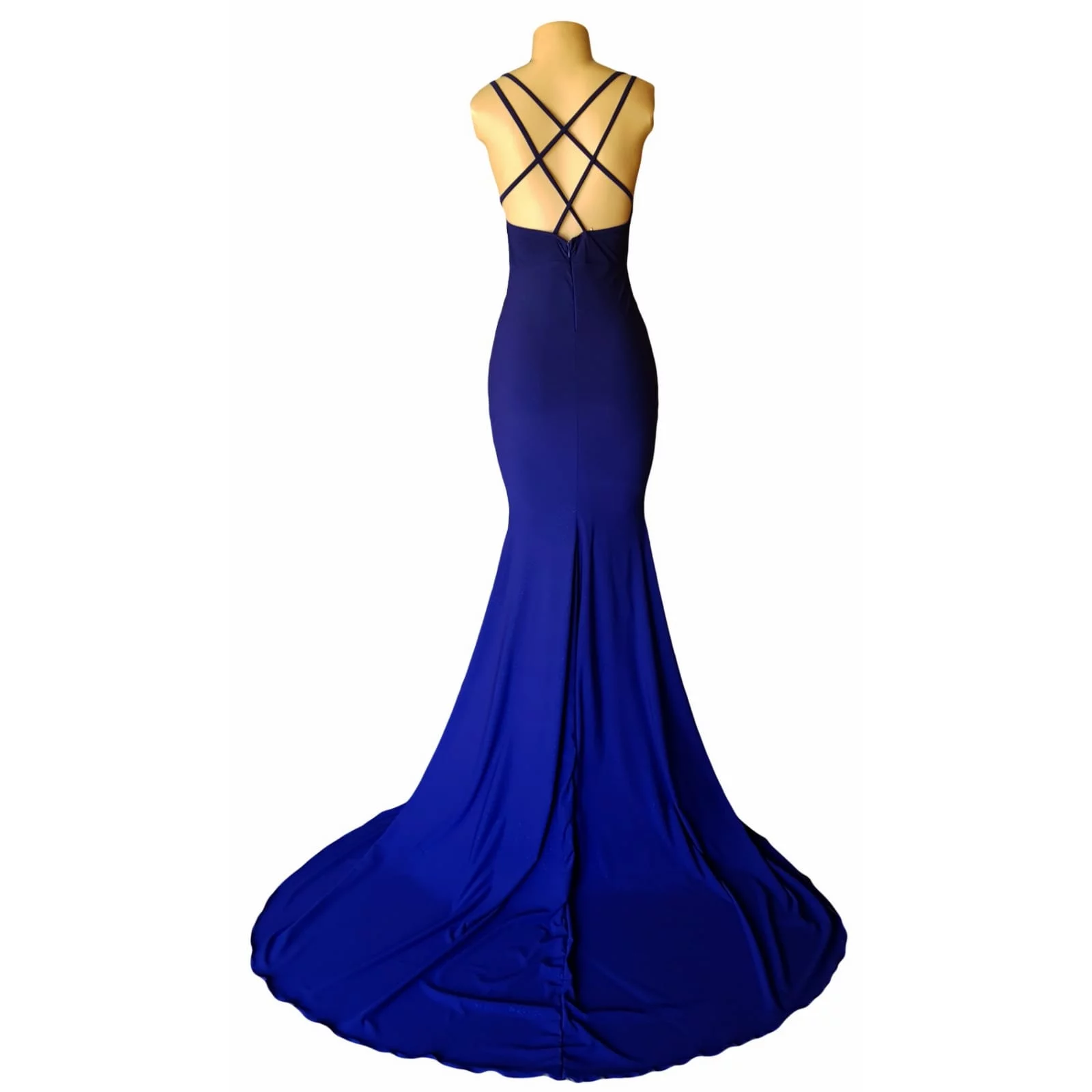 Royal blue soft mermaid cross busted prom dress 2 royal blue soft mermaid cross busted prom dress with an open back with crossed strap detail.