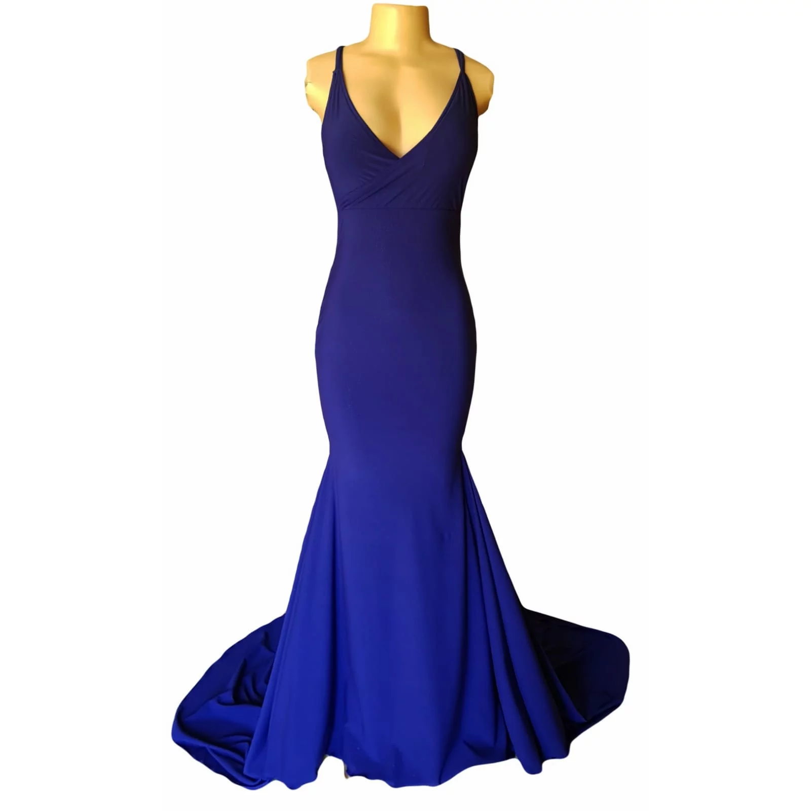 Royal blue soft mermaid cross busted prom dress 3 royal blue soft mermaid cross busted prom dress with an open back with crossed strap detail.