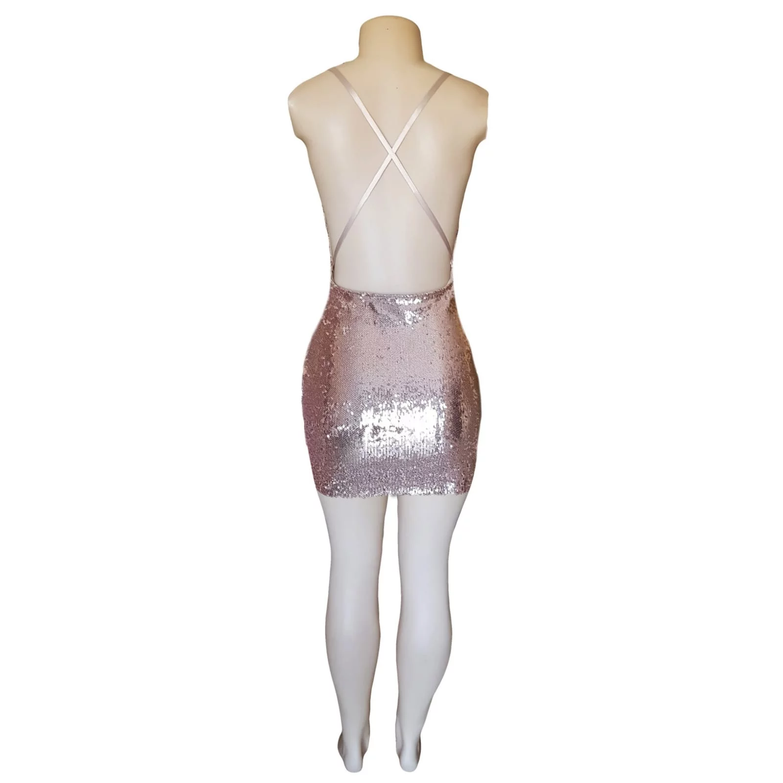 Short mini rose gold fully sequins smart casual dress 5 short mini rose gold fully sequins smart casual dress with a low open back and thin crossed spaghetti straps.