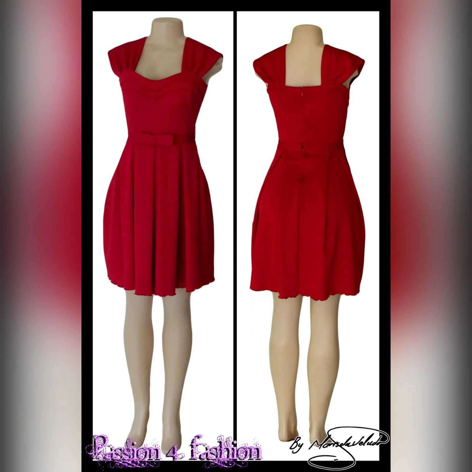 Short red pleated evening dress 2 short red pleated evening dress with a pleated sweetheart neckline and a detachable belt with bow detail
