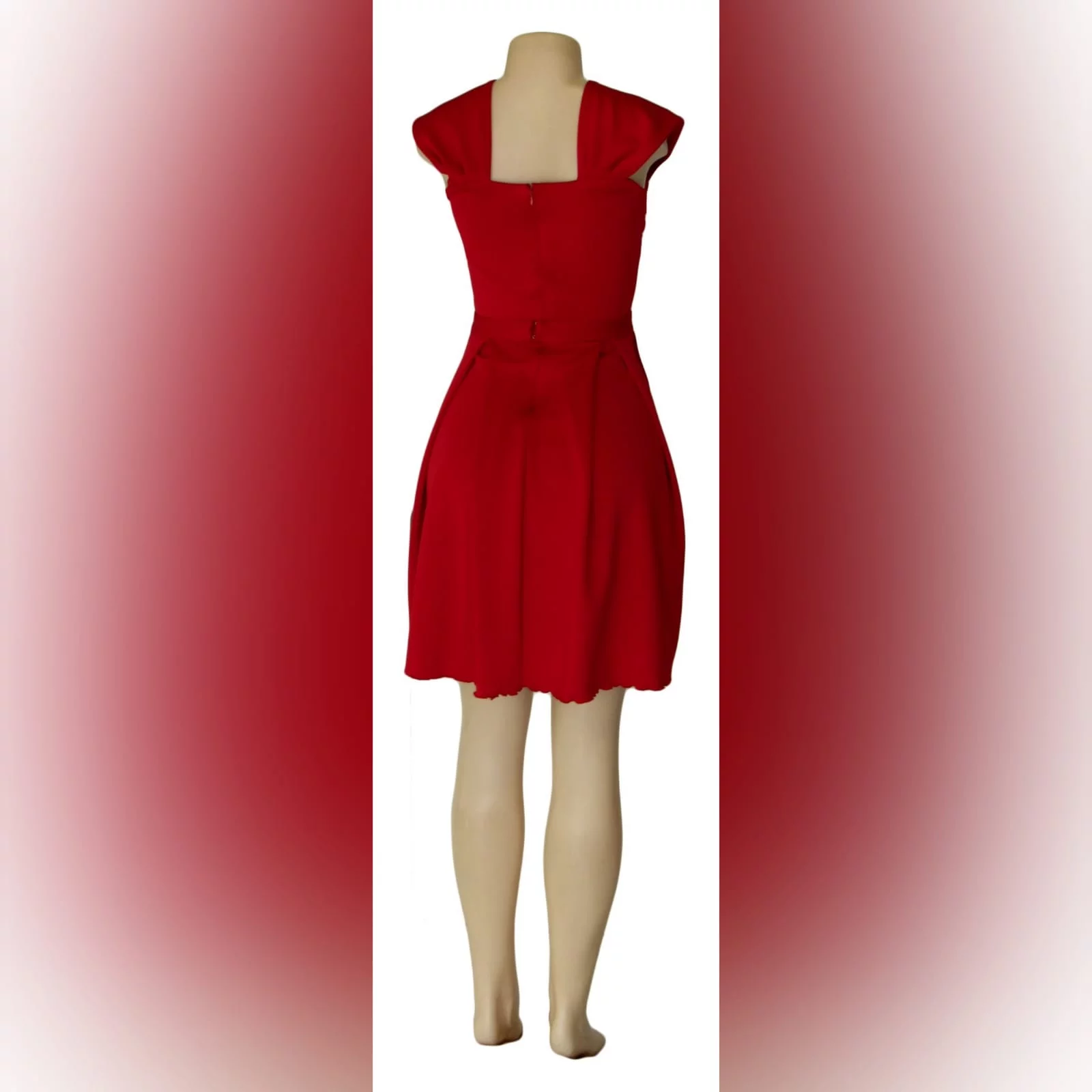 Short red pleated evening dress 3 short red pleated evening dress with a pleated sweetheart neckline and a detachable belt with bow detail