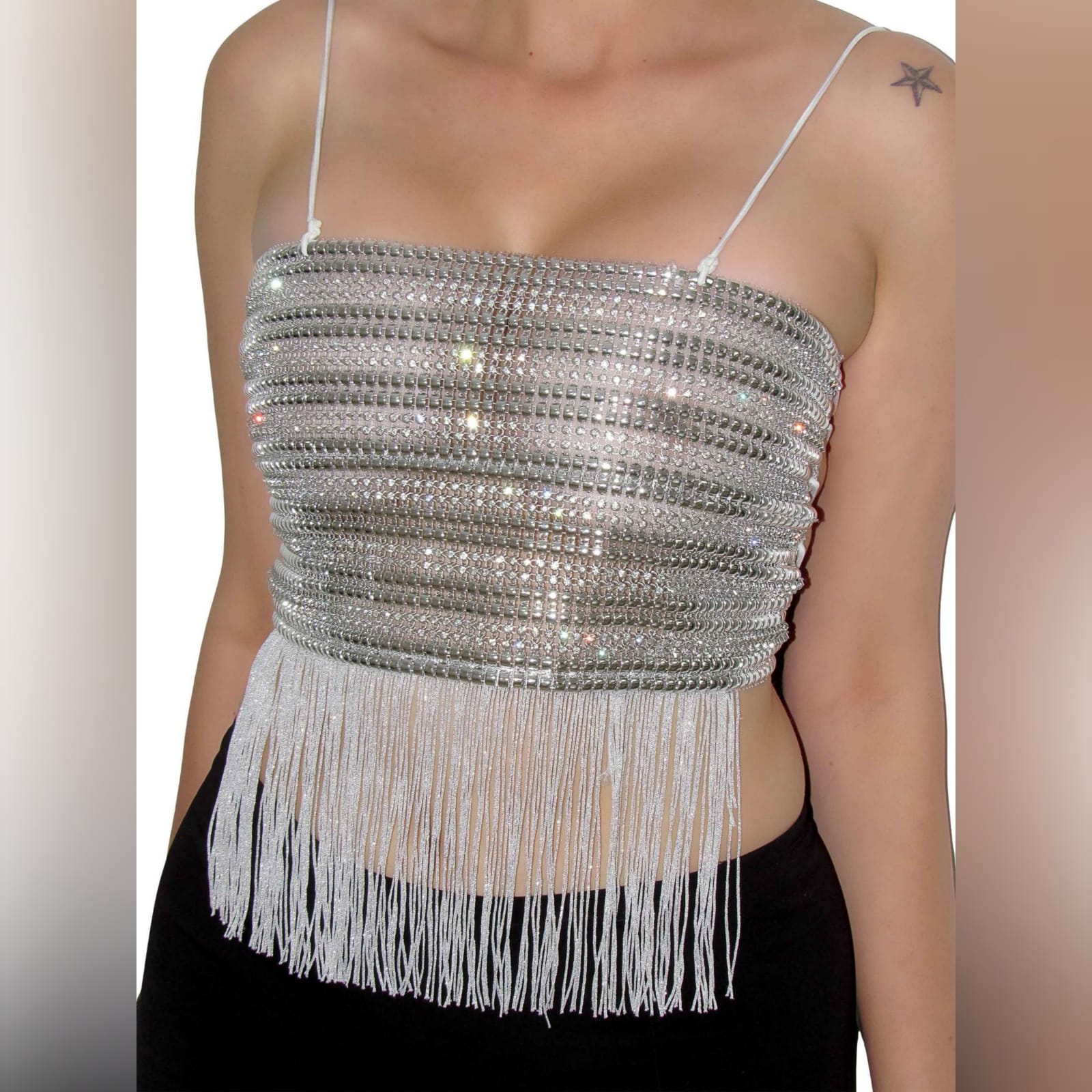 Silver striped diamante top 4 silver striped diamante top, a one of a kind. Handmade crop top with a fun tassel hemline. This open-back top has an elasticated white rope to create a lace-up, also helps to adjust to fit.