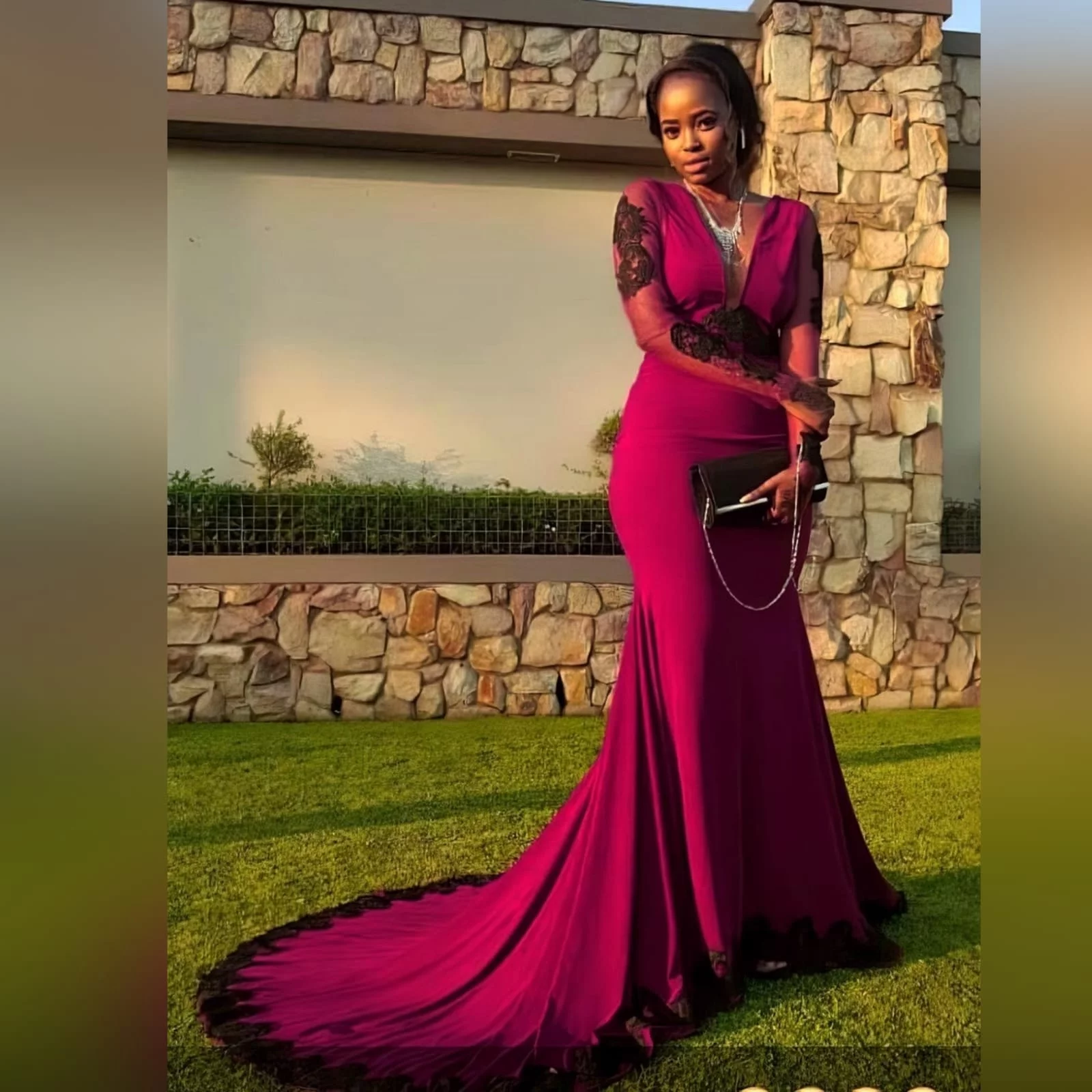 Soft mermaid burgundy matric farewell dress detailed with black lace 6 palesa looked gorgeous with my creation. A soft mermaid burgundy matric farewell dress detailed with black lace. With a sheer open back and long sheer sleeves detailed with black lace.