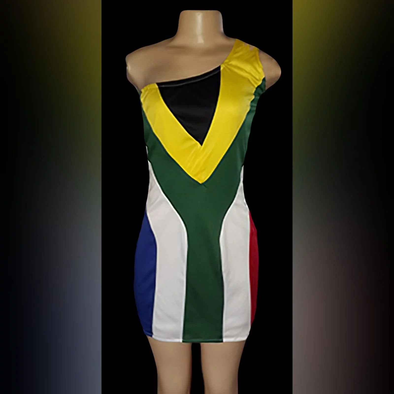South african flag dress with single shoulder 3 a stretchy, south african mini dress with a single shoulder. Dress with and without sequins. Designed and made for a client in the uk.