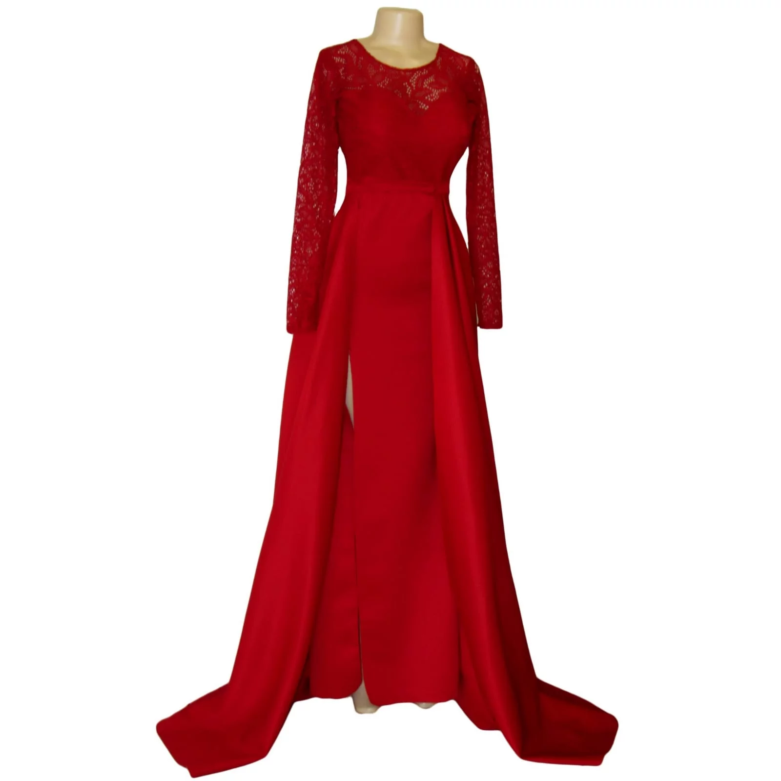 Straight cut deep red open back gala dress 6 straight cut deep red open back gala dress. With a lace bodice, long lace sleeves and a slit. With a detachable train.