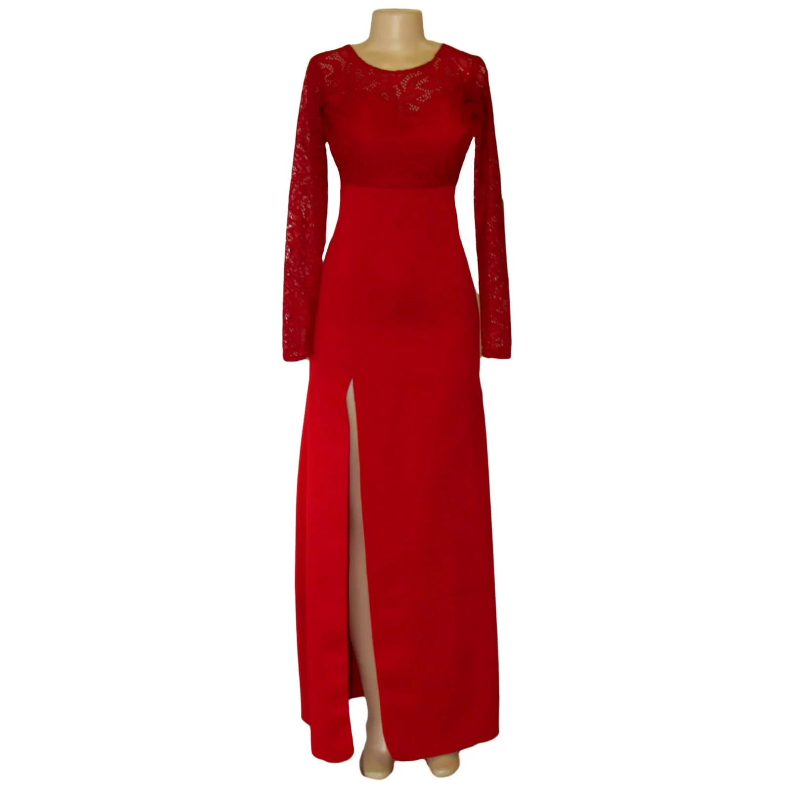 Straight cut deep red open back gala dress 7 straight cut deep red open back gala dress. With a lace bodice, long lace sleeves and a slit. With a detachable train.