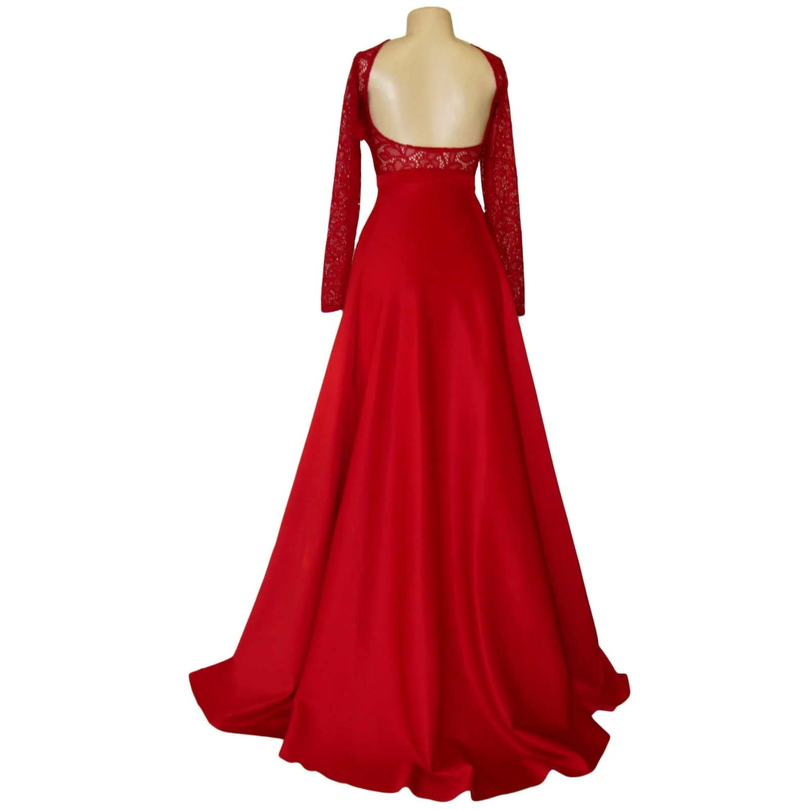 Straight cut deep red open back gala dress 2 straight cut deep red open back gala dress. With a lace bodice, long lace sleeves and a slit. With a detachable train.