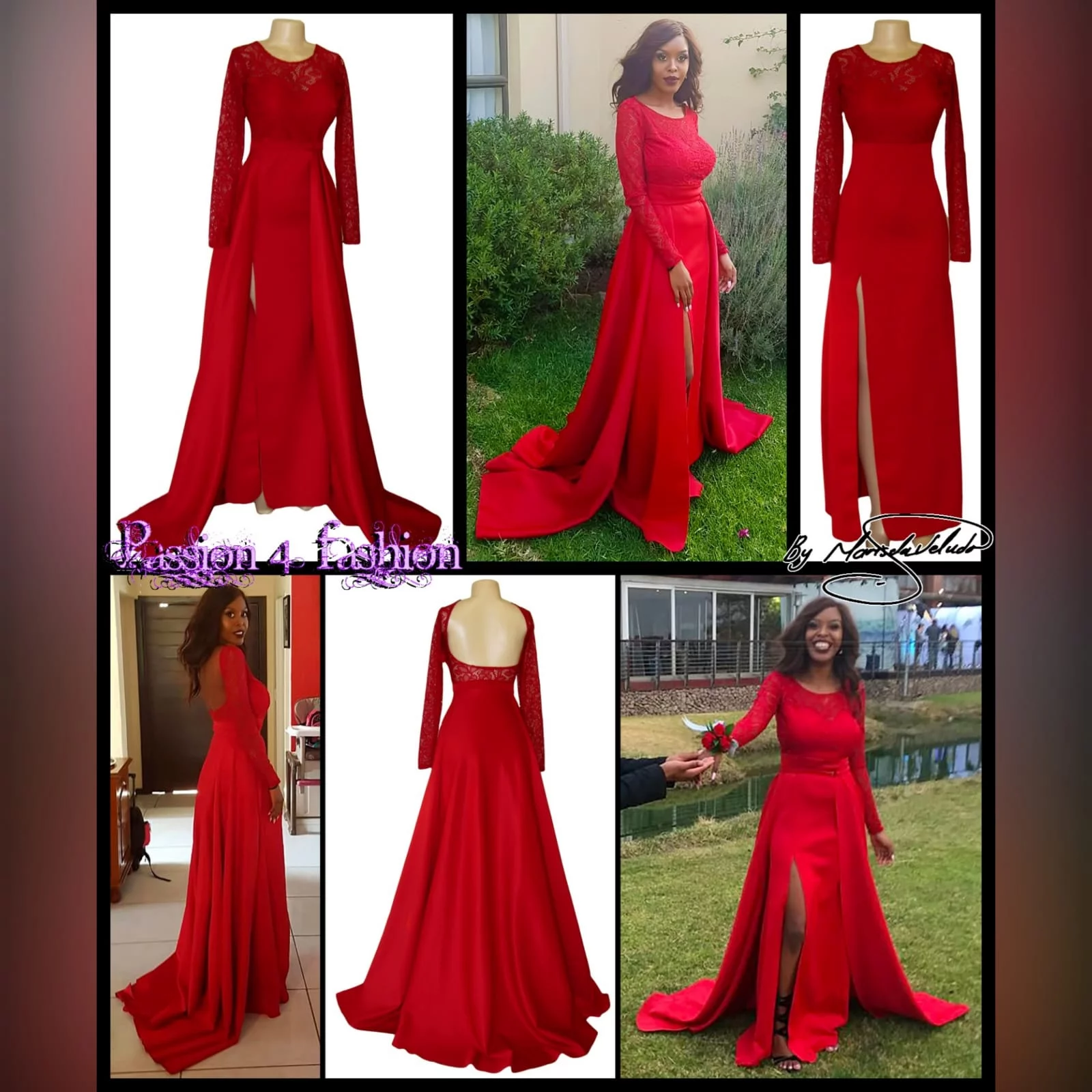 Straight cut deep red open back gala dress 4 straight cut deep red open back gala dress. With a lace bodice, long lace sleeves and a slit. With a detachable train.