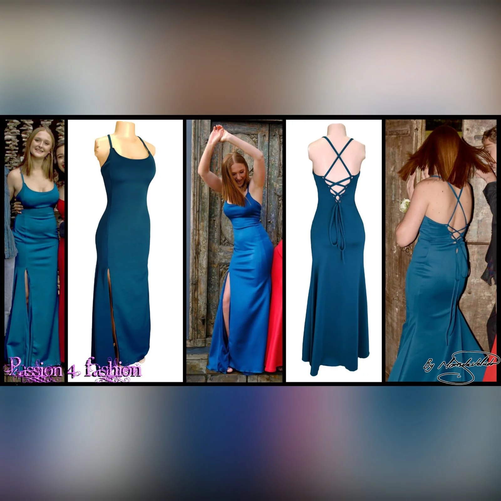 Teal long straight cut matric farewell dress with a slit 4 teal long straight cut matric farewell dress with a slit. Rounded neckline. V back with lace up detail.