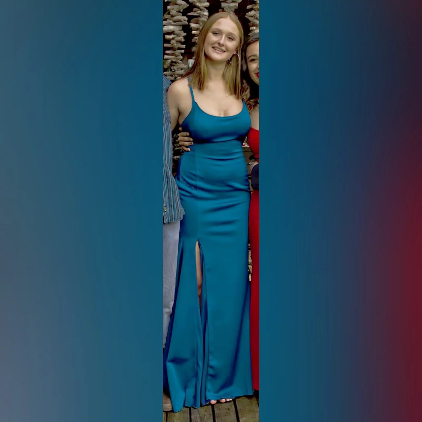 Teal long straight cut matric farewell dress with a slit 2 teal long straight cut matric farewell dress with a slit. Rounded neckline. V back with lace up detail.