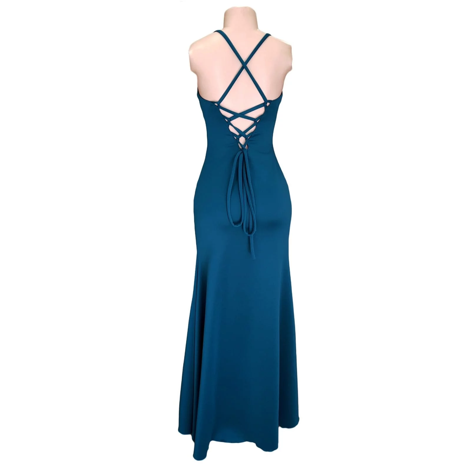 Teal long straight cut matric farewell dress with a slit 5 teal long straight cut matric farewell dress with a slit. Rounded neckline. V back with lace up detail.