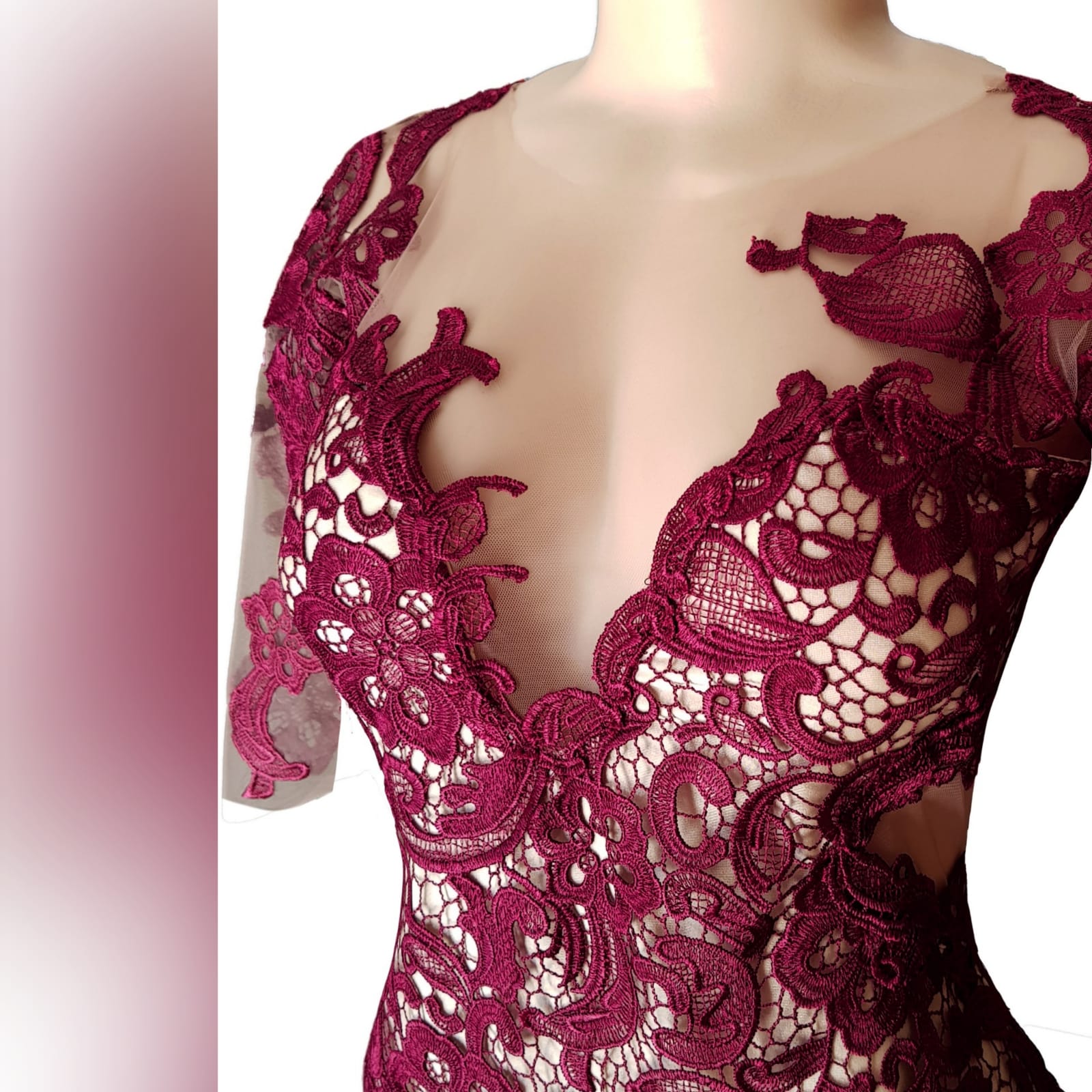 Tight to the hip burgundy & nude lace prom dress 6 burgundy & nude lace prom dress, fitted to the hip, with sheer flowy legs, with a slit and a train. Rounded illusion open back and plunging neckline with 3/4 sleeves.