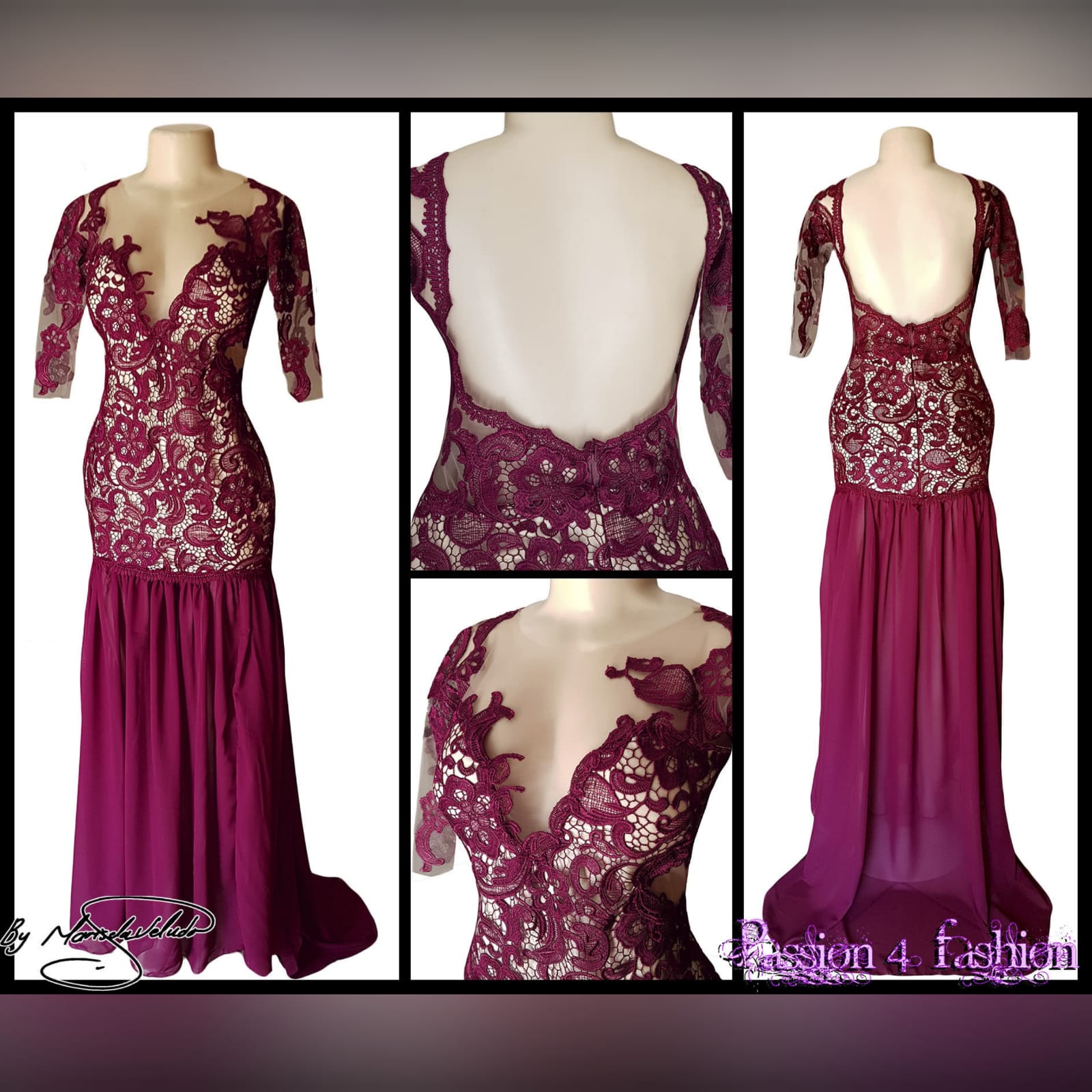 Tight to the hip burgundy & nude lace prom dress 2 burgundy & nude lace prom dress, fitted to the hip, with sheer flowy legs, with a slit and a train. Rounded illusion open back and plunging neckline with 3/4 sleeves.