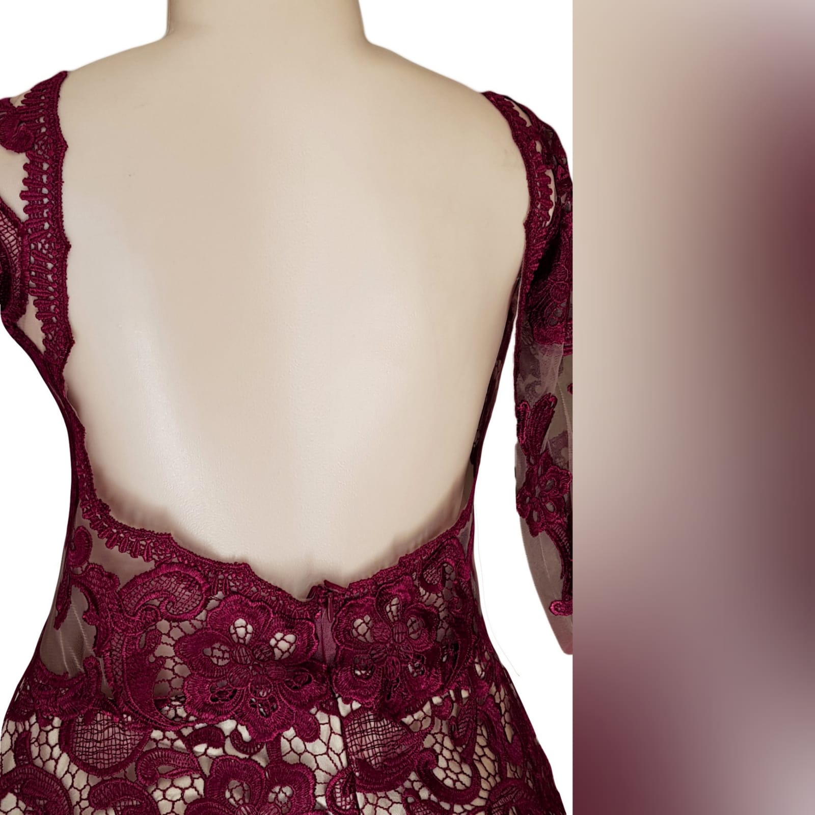 Tight to the hip burgundy & nude lace prom dress 4 burgundy & nude lace prom dress, fitted to the hip, with sheer flowy legs, with a slit and a train. Rounded illusion open back and plunging neckline with 3/4 sleeves.