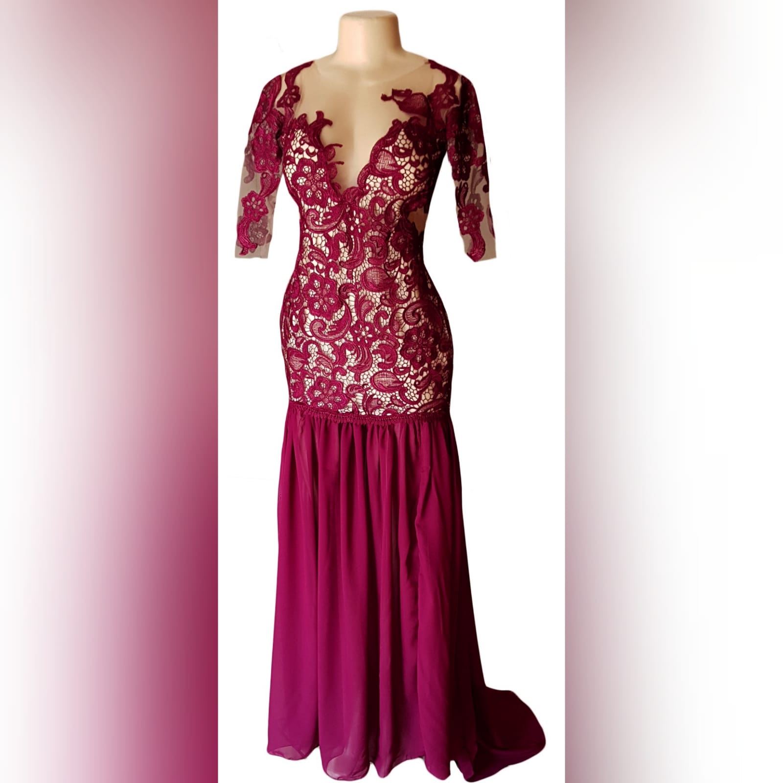 Tight to the hip burgundy & nude lace prom dress 1 burgundy & nude lace prom dress, fitted to the hip, with sheer flowy legs, with a slit and a train. Rounded illusion open back and plunging neckline with 3/4 sleeves.