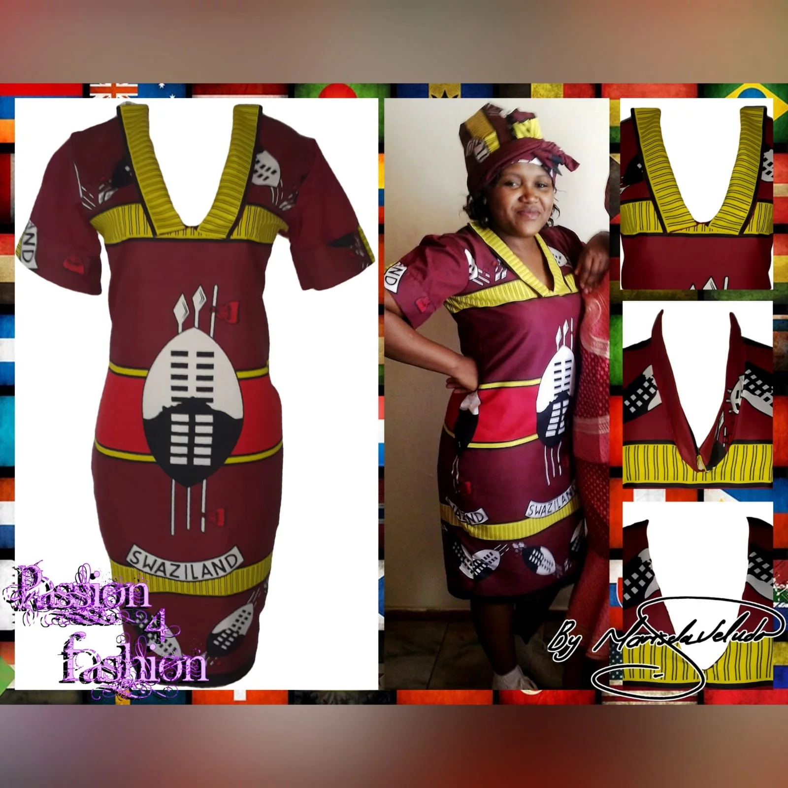 Traditional swati dress with matching swati doek 6 traditional swati dress with a v neckline, finished with a collar design that can be worn in 3 different ways. With a matching swati doek.