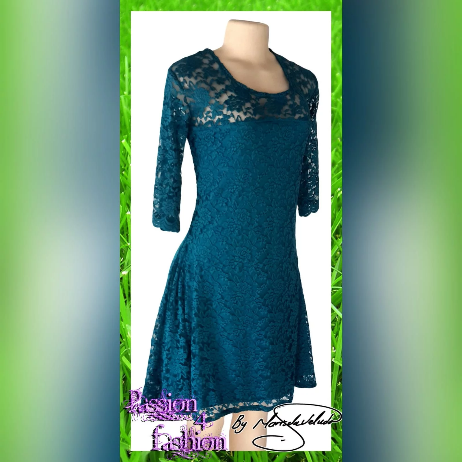 Turquoise blue smart casual knee length lace dress 1 turquoise blue smart casual knee length lace dress, with sheer lace neckline and sleeves.