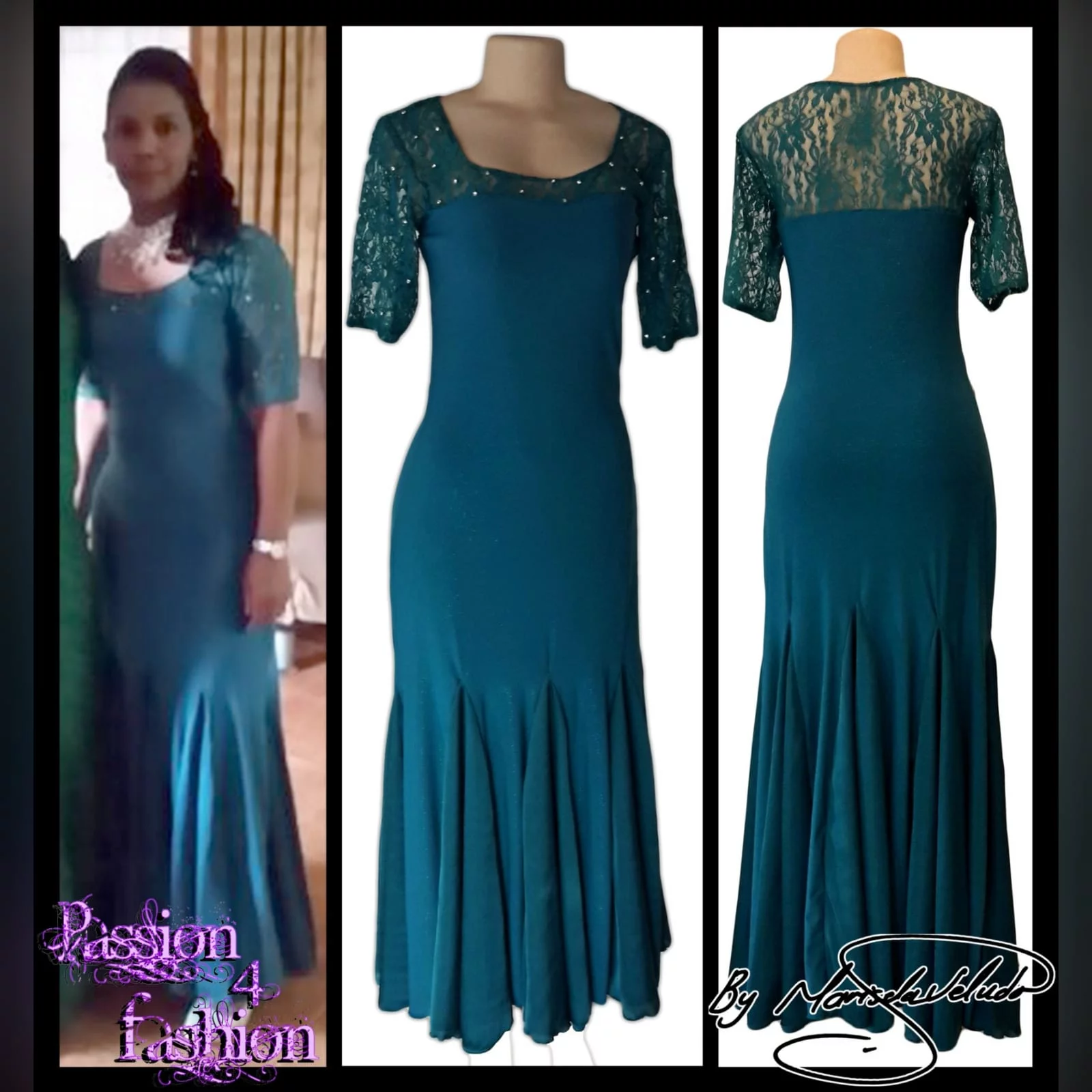 Turquoise green long party dress 5 turquoise green long party dress, fitted till hip then it flows, with a lace neckline scattered with a few beads