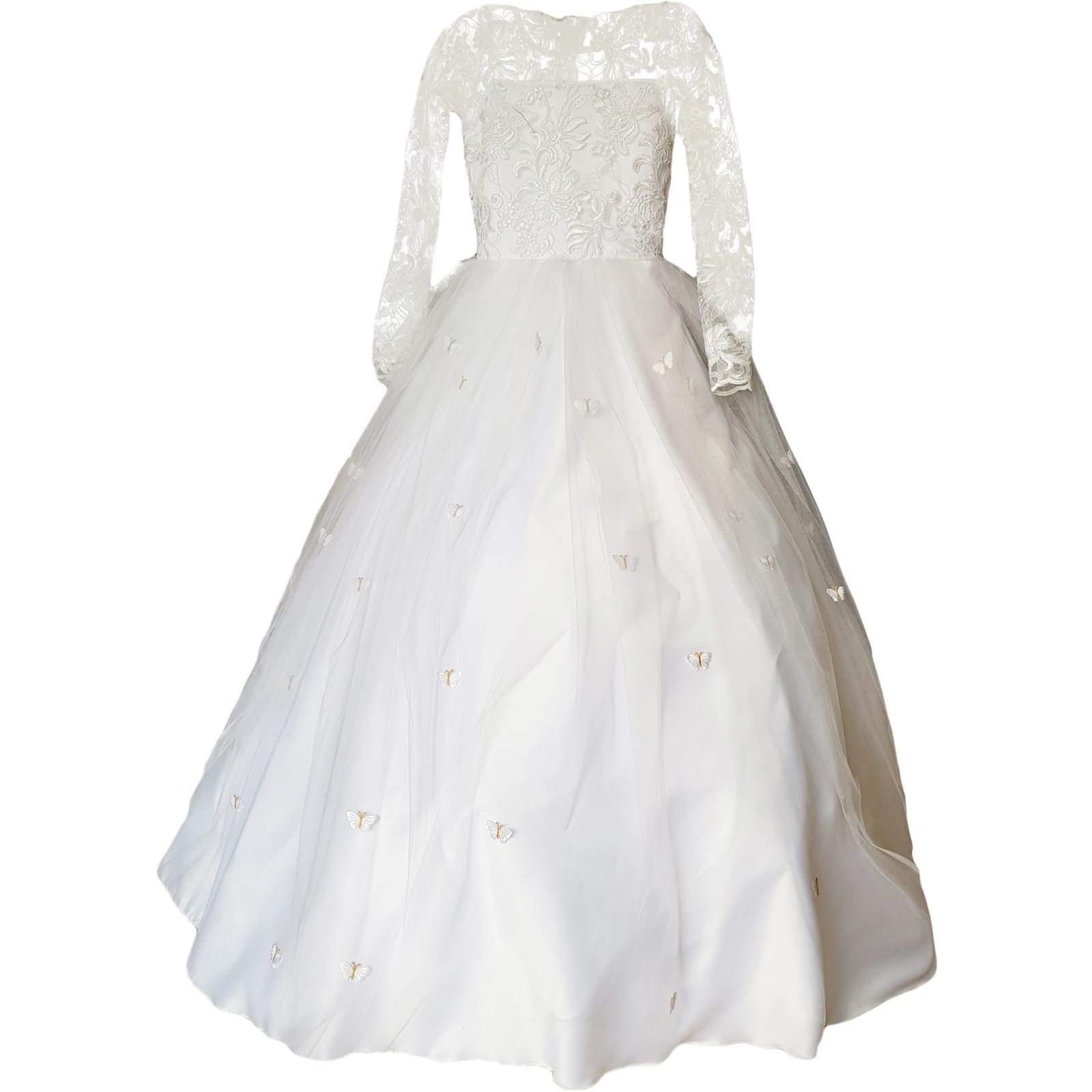 White holy communion ball gown dress 5 white holy communion ball gown dress. With a lace bodice. Long lace sleeves. Holy communion dress detailed with butterflies.