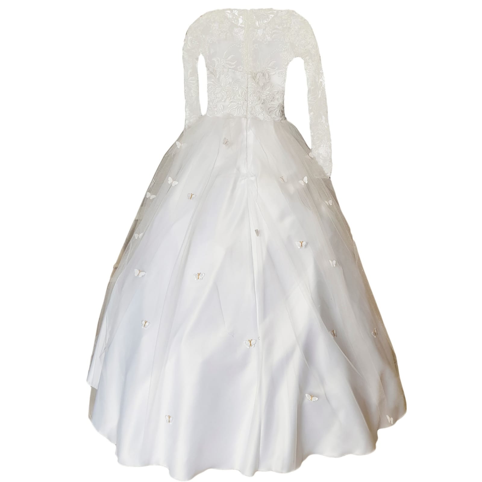 White holy communion ball gown dress 4 white holy communion ball gown dress. With a lace bodice. Long lace sleeves. Holy communion dress detailed with butterflies.