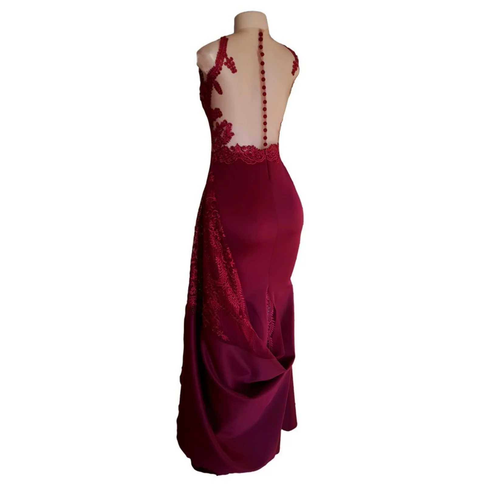 Maroon soft mermaid matric dance dress 6 maroon soft mermaid matric dance dress created to make celine look glorious in her special night. With a sheer lace train that hooks up on the side, a naked illusion back with button and lace detail adding a touch of sensuality and elegance to her look.