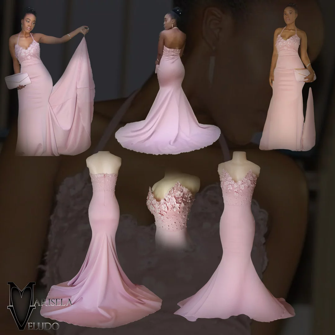 Pale pink soft mermaid prom dress 5 pale pink soft mermaid prom dress, bodice detailed with pearls and 3d lace, with a train and detachable neck strap.