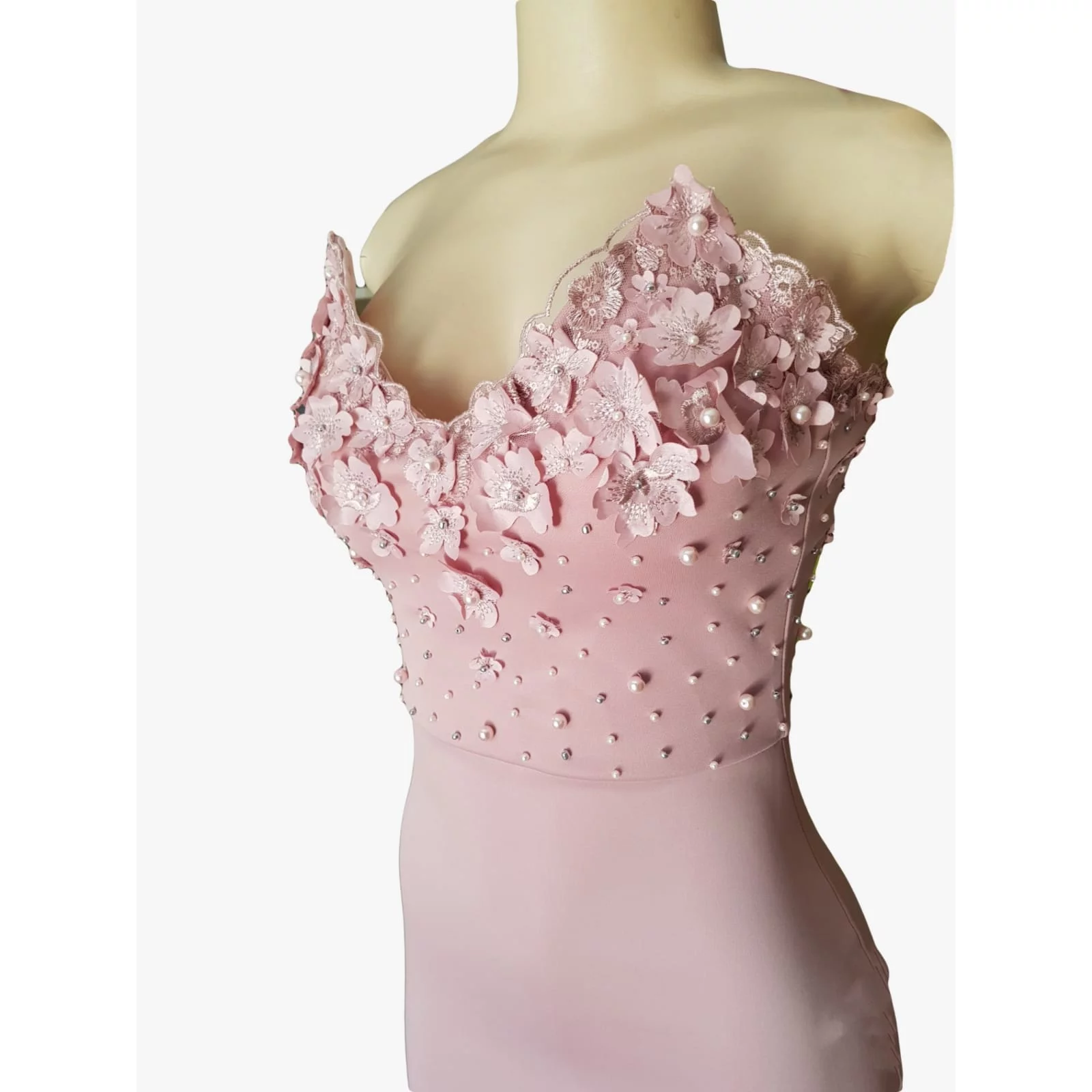 Pale pink soft mermaid prom dress 7 pale pink soft mermaid prom dress, bodice detailed with pearls and 3d lace, with a train and detachable neck strap.