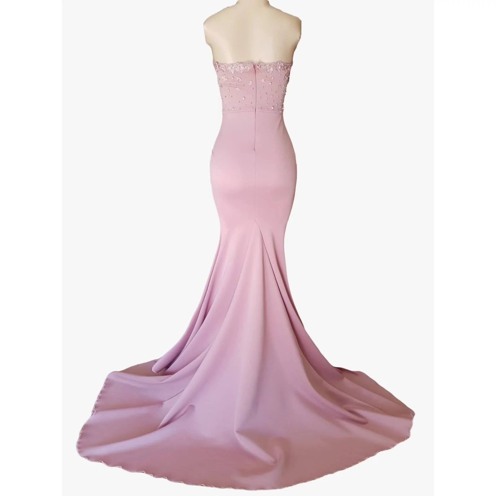Pale pink soft mermaid prom dress 4 pale pink soft mermaid prom dress, bodice detailed with pearls and 3d lace, with a train and detachable neck strap.