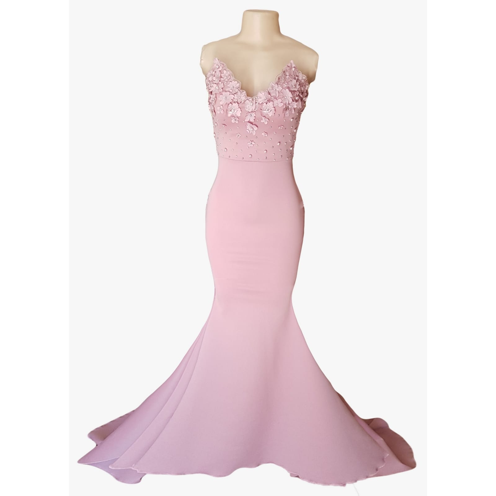 Pale pink soft mermaid prom dress 6 pale pink soft mermaid prom dress, bodice detailed with pearls and 3d lace, with a train and detachable neck strap.