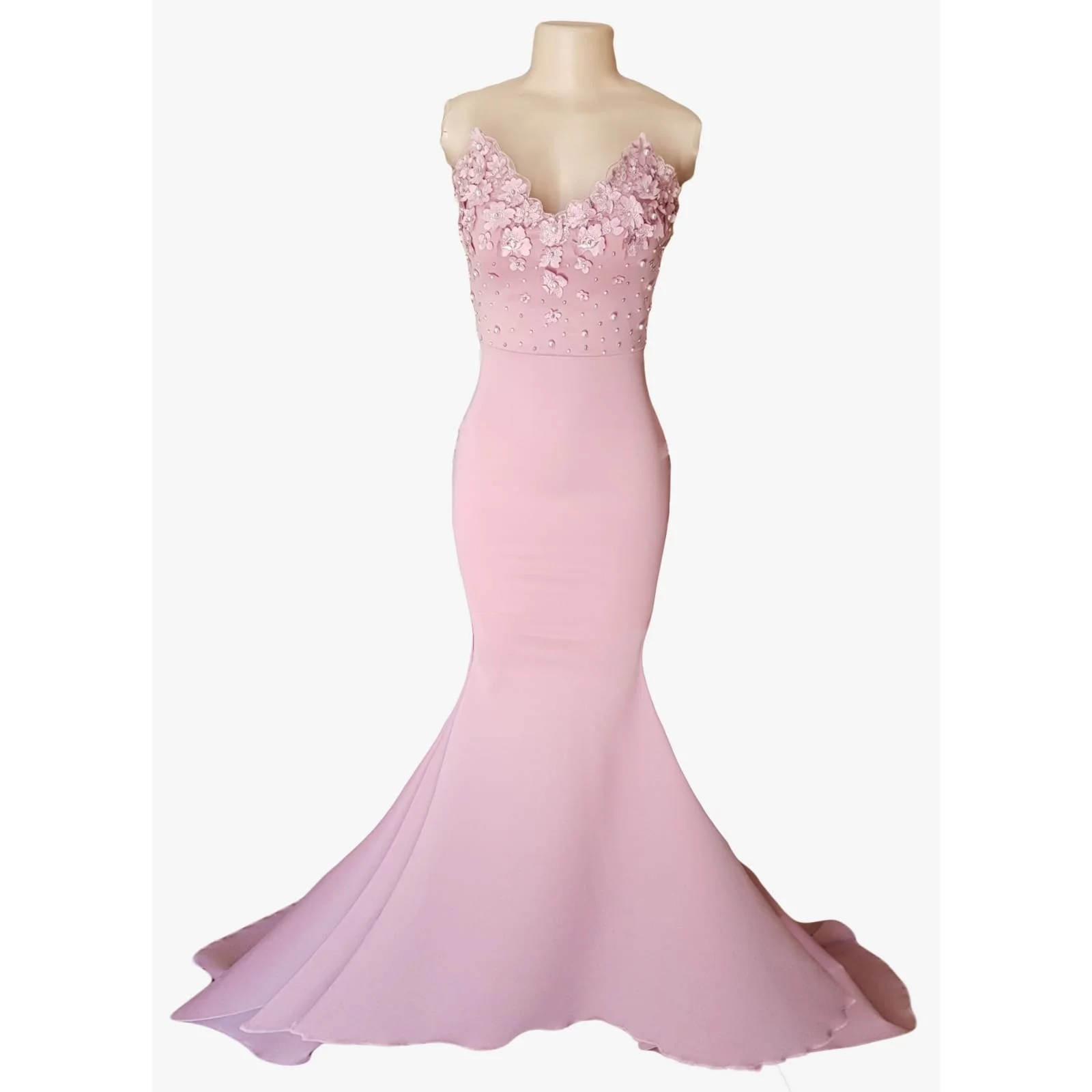 Pale pink soft mermaid prom dress 6 pale pink soft mermaid prom dress, bodice detailed with pearls and 3d lace, with a train and detachable neck strap.