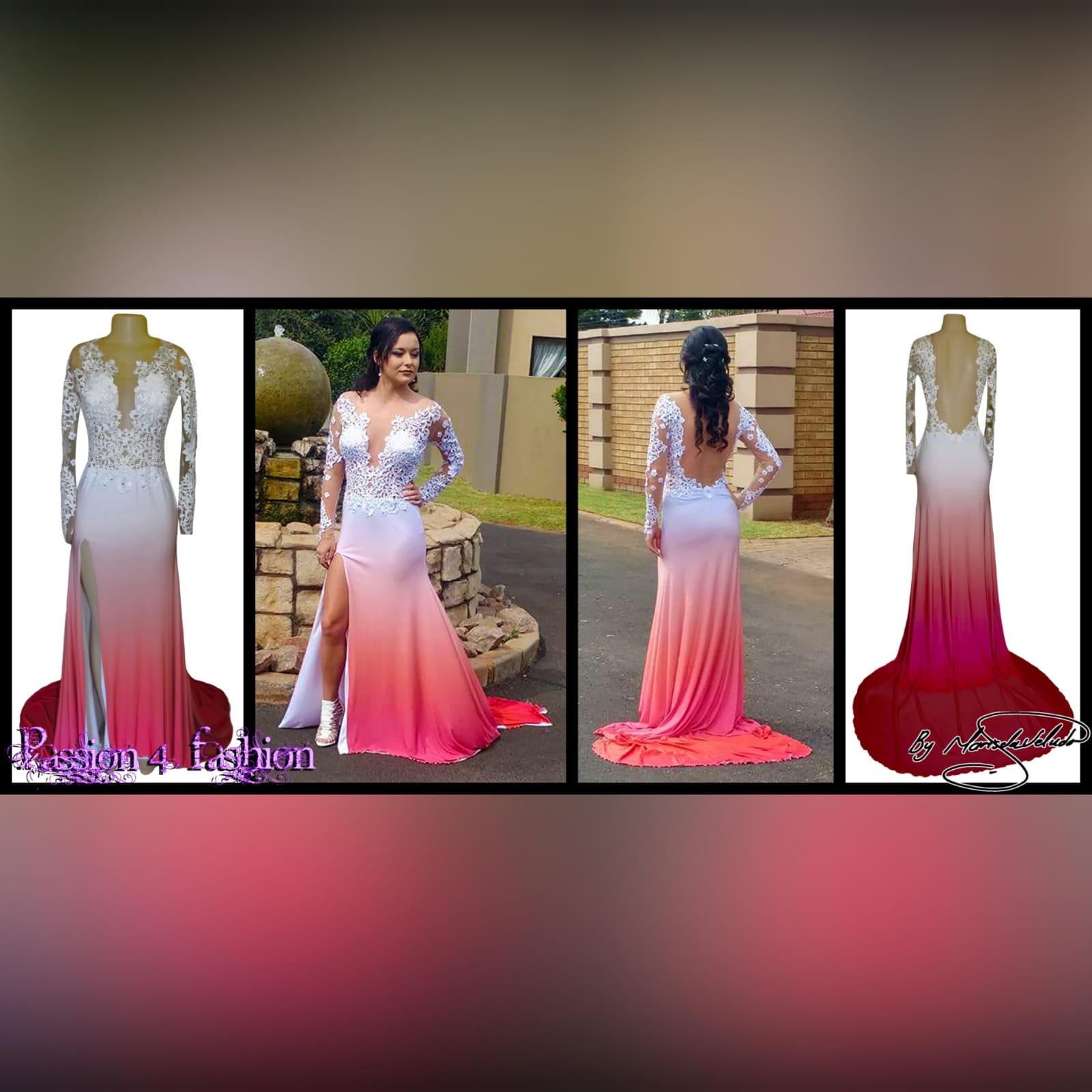 White and peach ombre matric farewell dress with a white lace bodice 3 white and peach ombre matric farewell dress with a white lace bodice, an illusion open back and long sleeves. With a slit and a train.